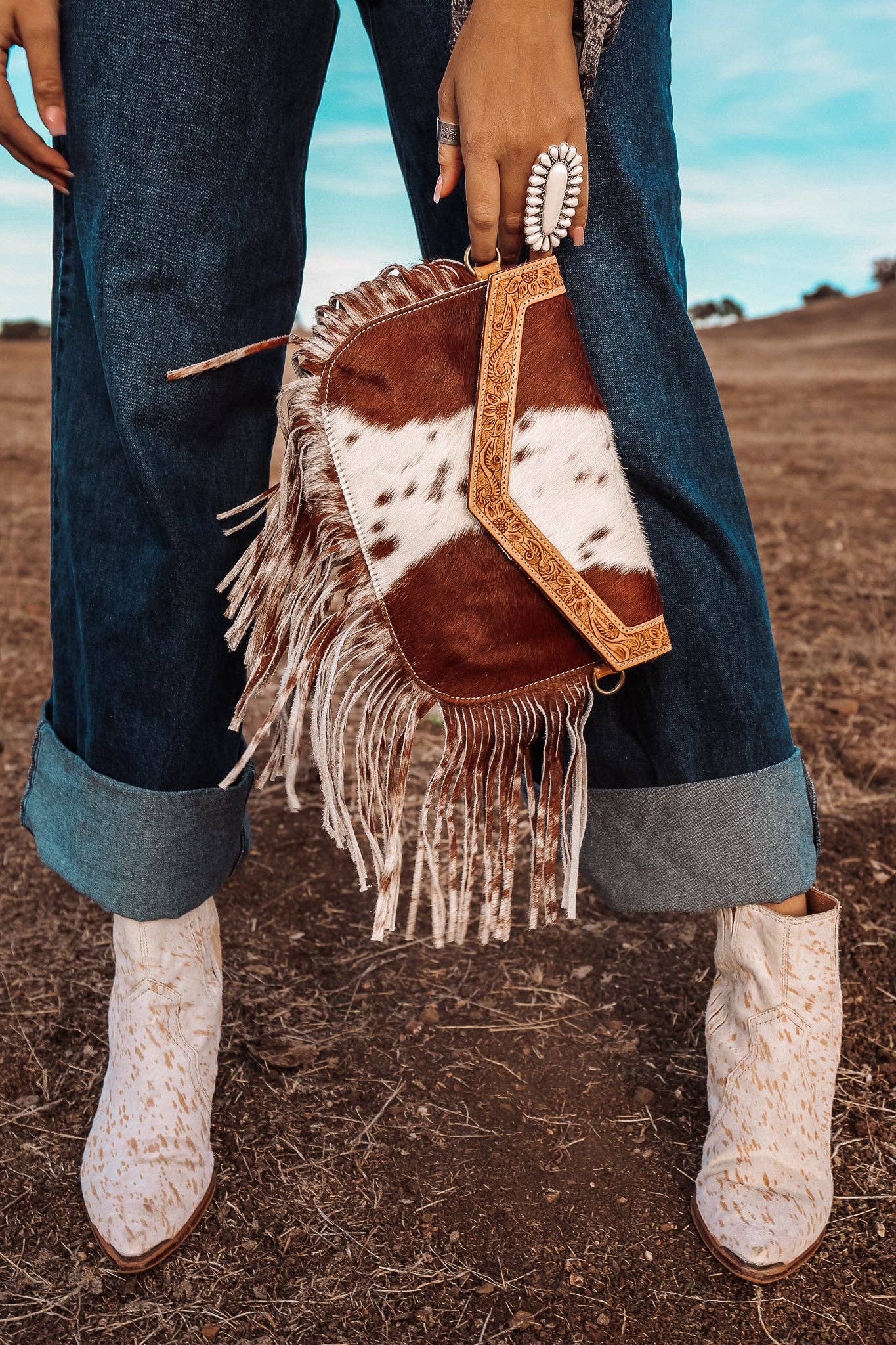 The Dallas Fringe cowhide leather tooled purse