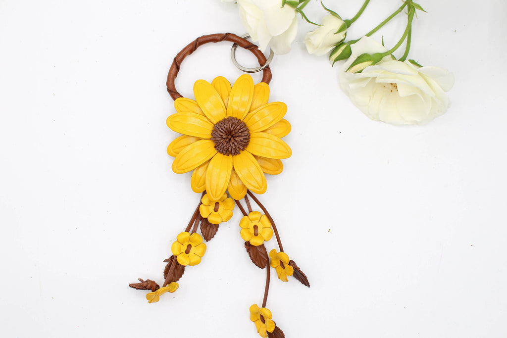 Large Leather Sunflower Keychain Bag Charm