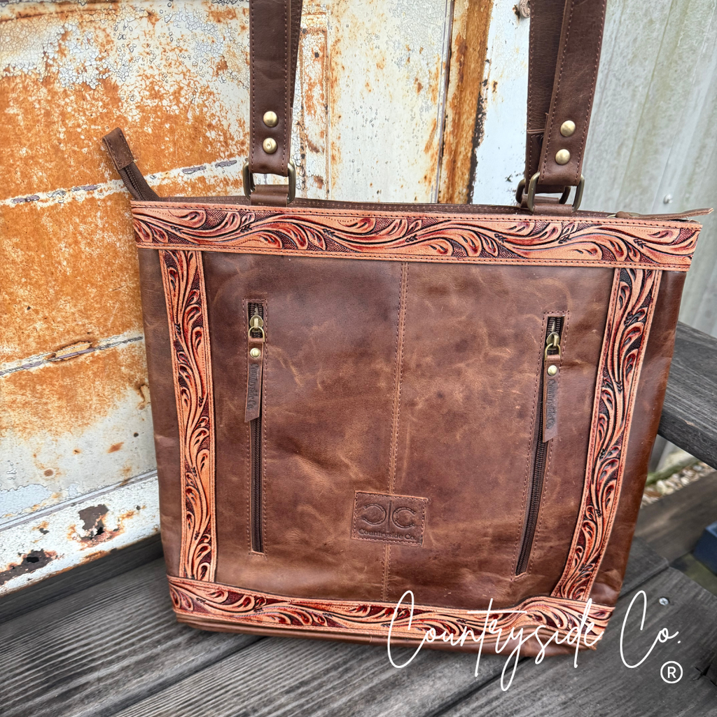 Lucille Tooled Leather Cowhide Tote, Purse