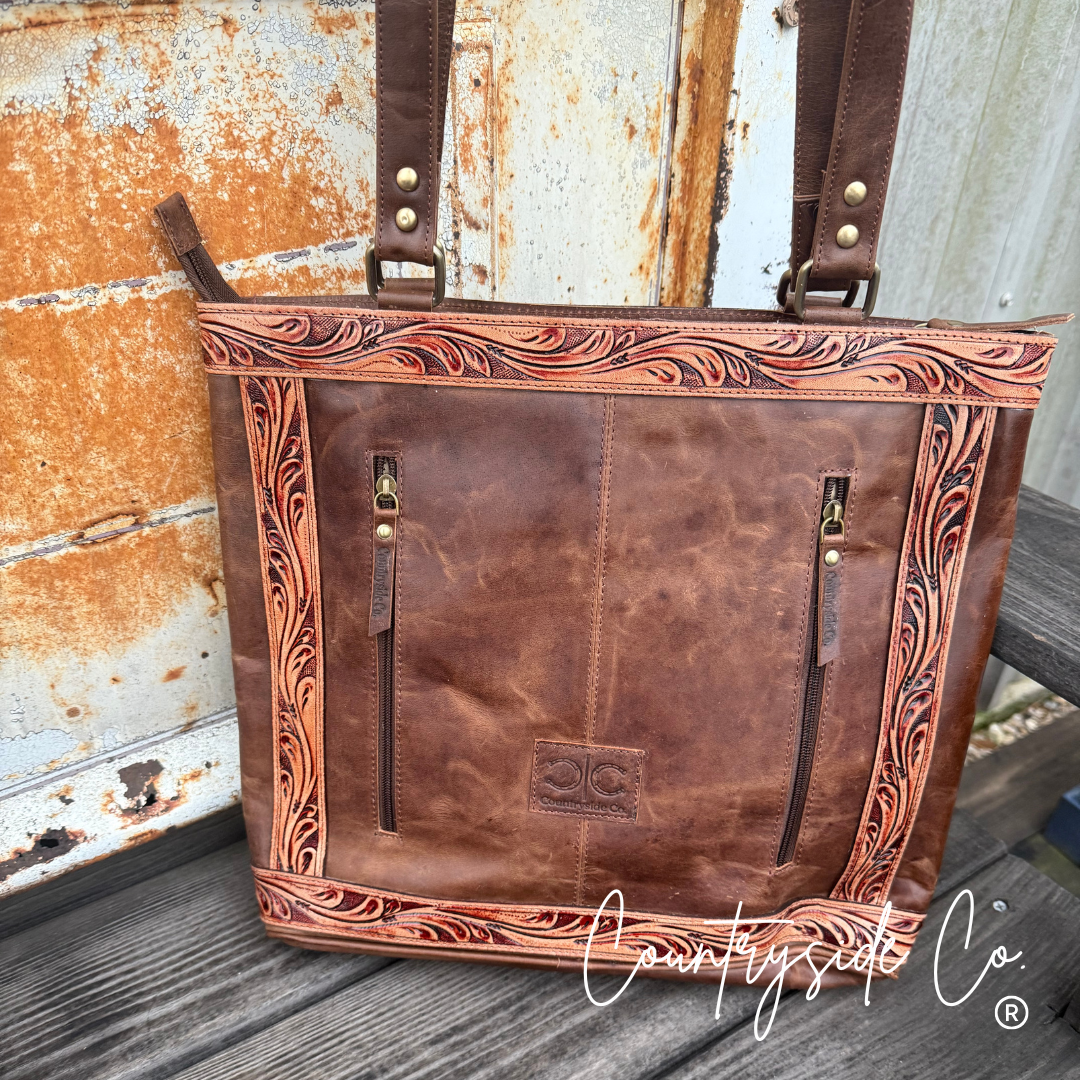 Lucille Tooled Leather Cowhide Tote, Purse