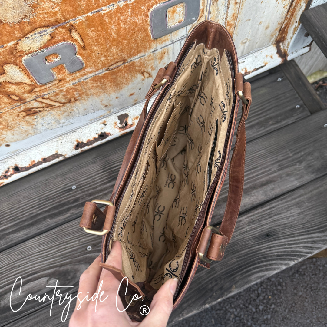 Lucille Tooled Leather Cowhide Tote, Purse
