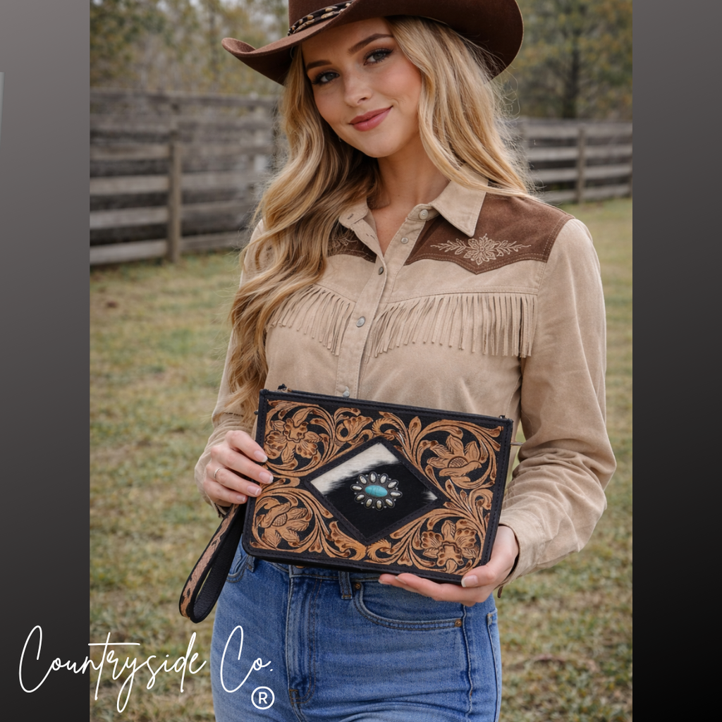 Sagebrush Tooled Leather Handbag, Wristlet