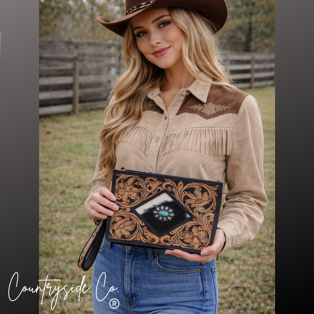 Sagebrush Tooled Leather Handbag, Wristlet