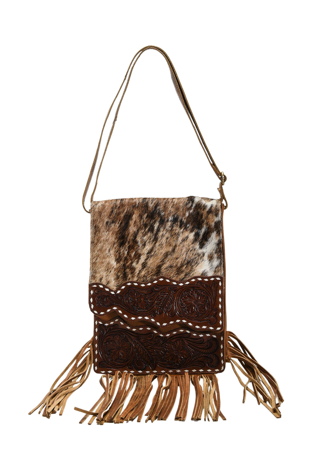 Hair on hide messenger w/ tooled leather and fringe #AB1775