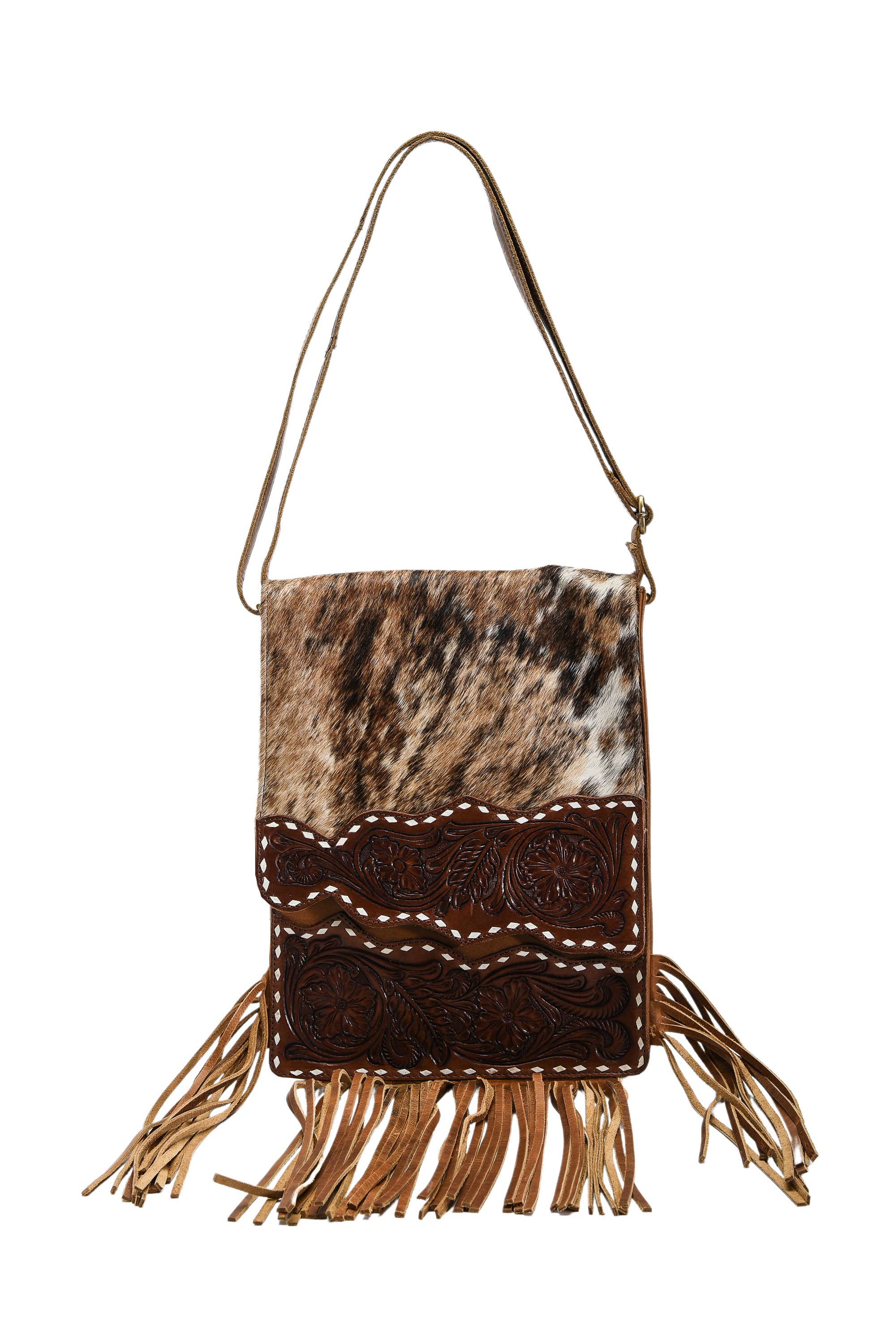 Hair on hide messenger w/ tooled leather and fringe #AB1775