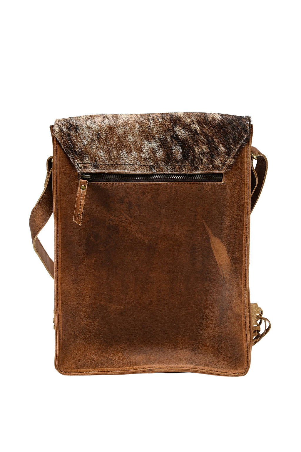 Hair on hide messenger w/ tooled leather and fringe #AB1775
