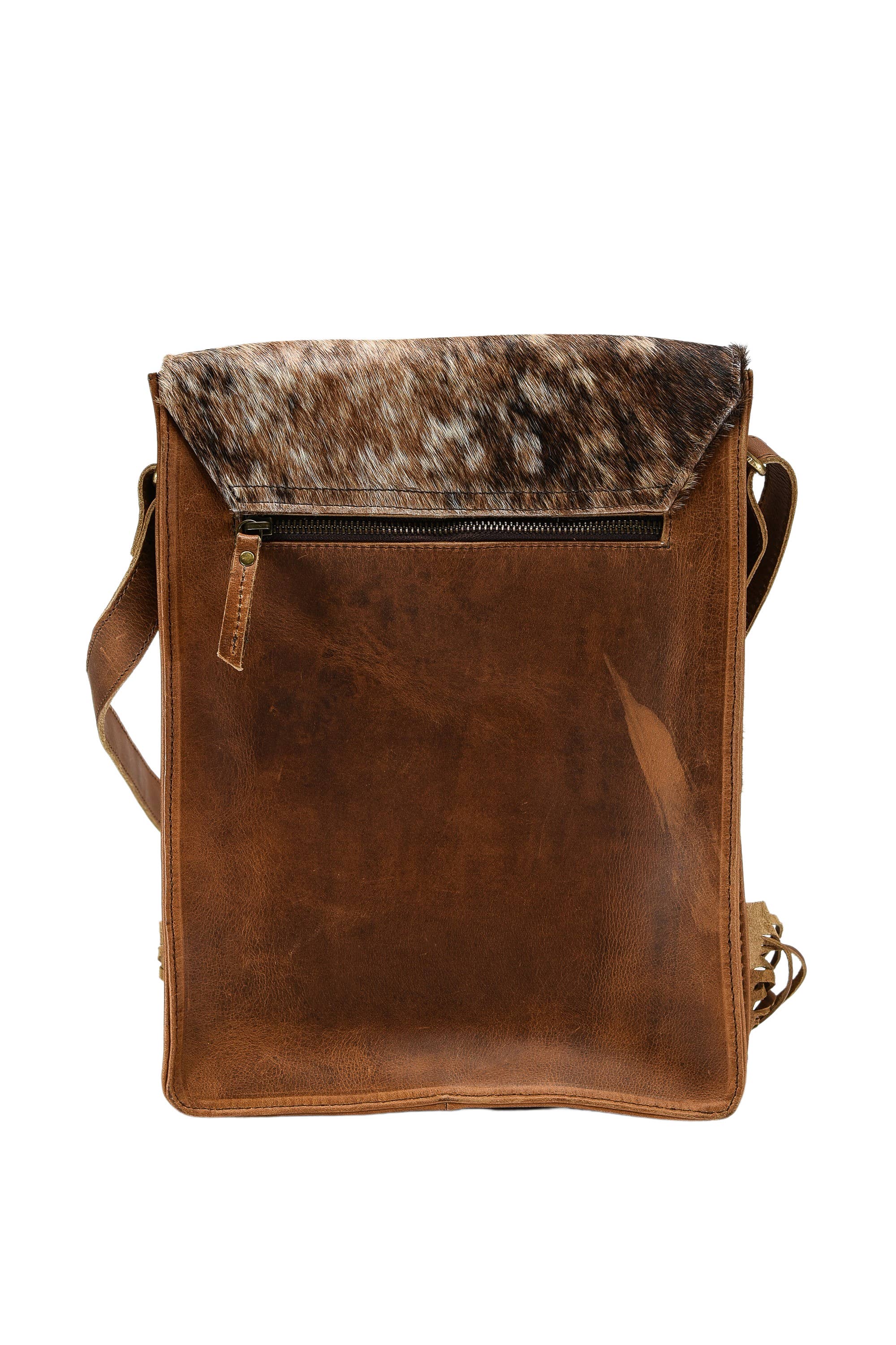 Hair on hide messenger w/ tooled leather and fringe #AB1775