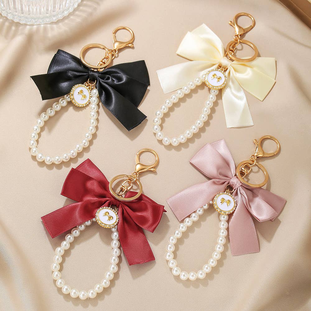 Elegant Satin Bow Pearl Keychain Bag Charm