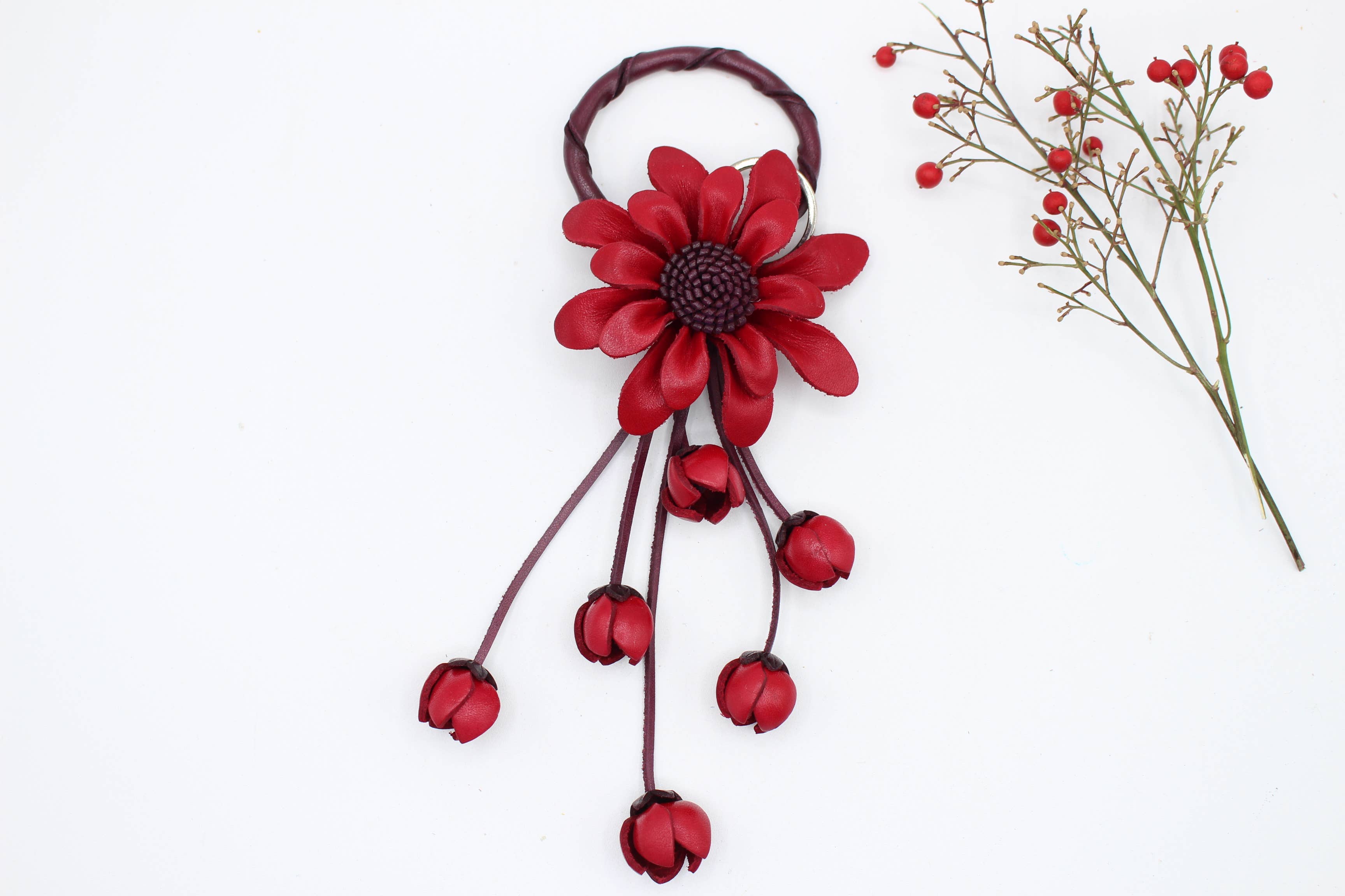 Leather flower key chain key purse charm