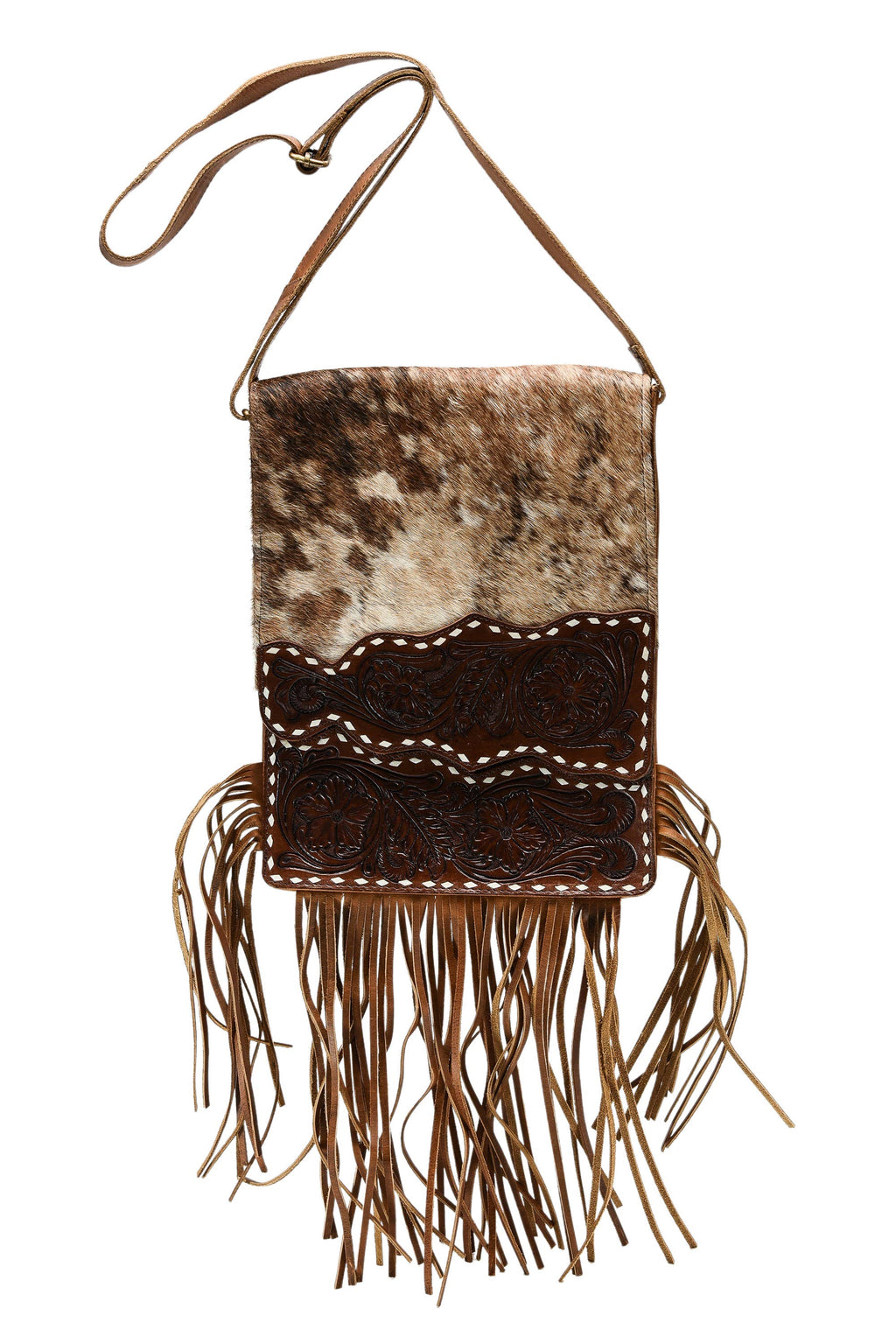 Hair on hide messenger w/ tooled leather and fringe #AB1775