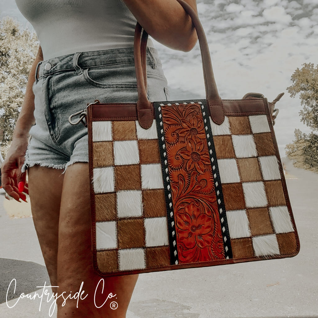 Virginia Cowhide Checkered Tote Handbag, Rust Tone Leather