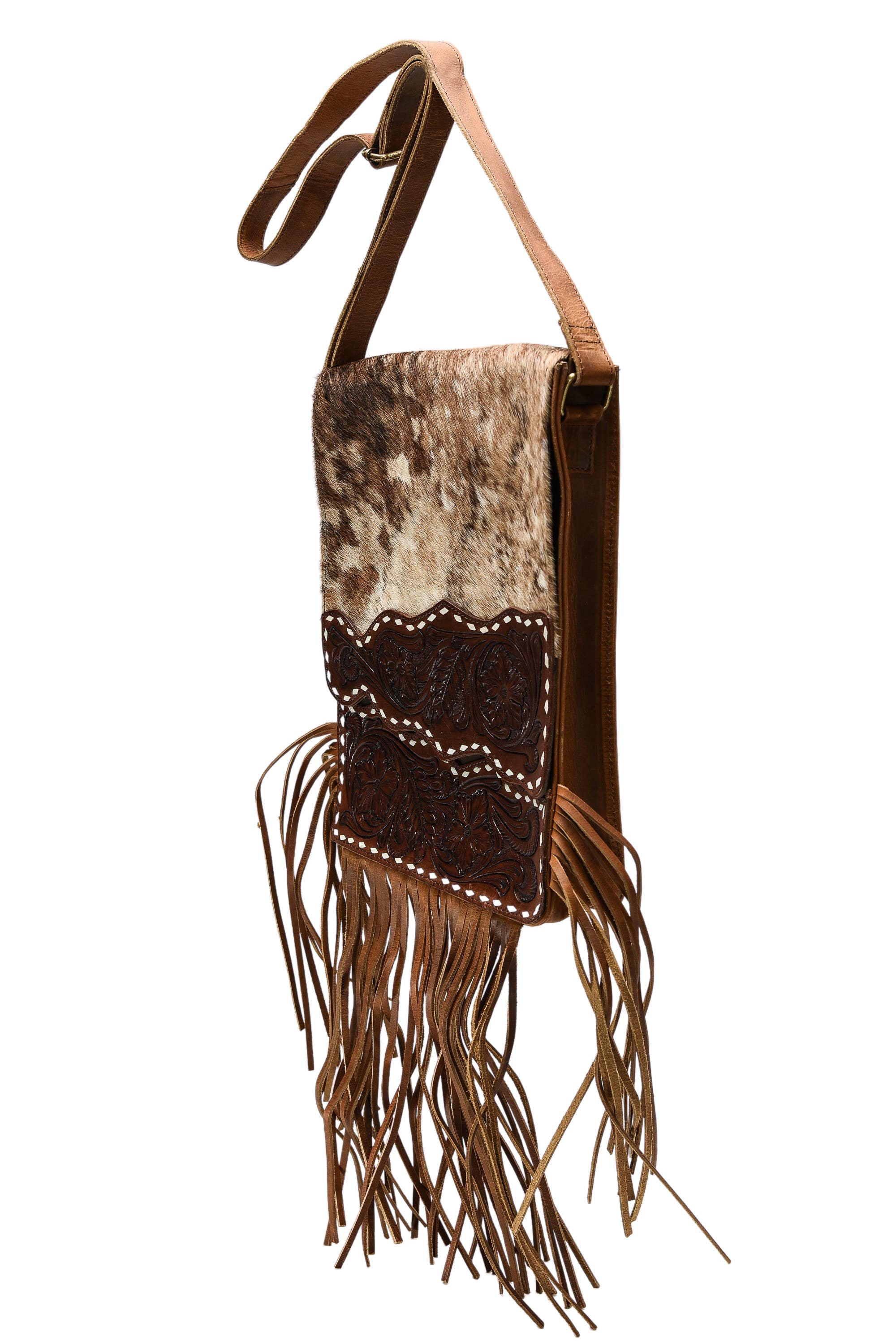 Hair on hide messenger w/ tooled leather and fringe #AB1775
