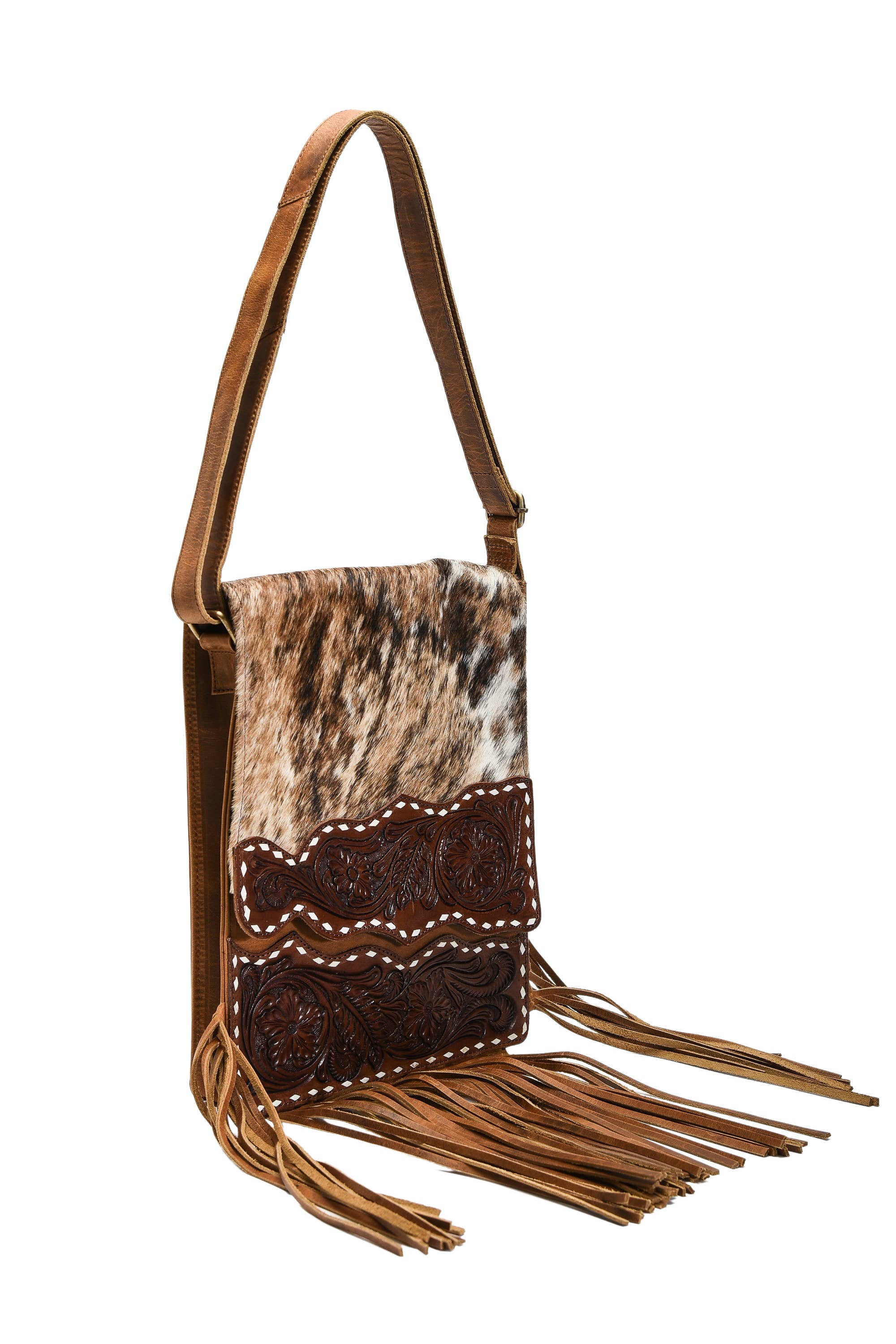 Hair on hide messenger w/ tooled leather and fringe #AB1775