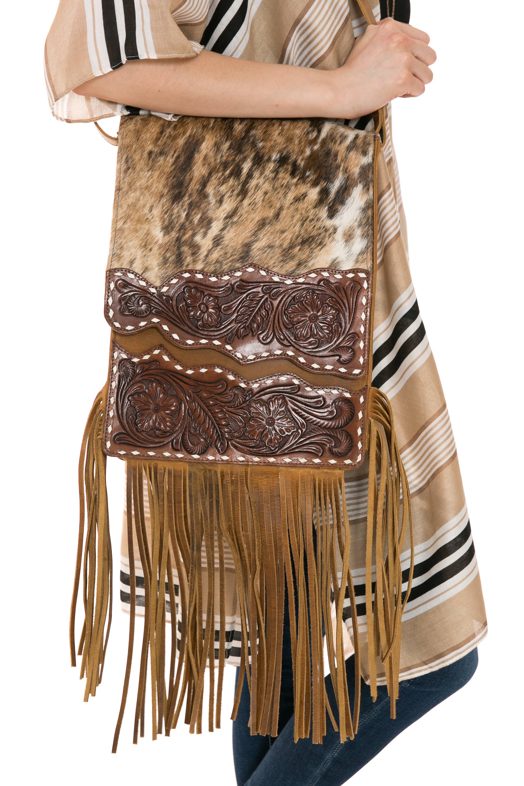Hair on hide messenger w/ tooled leather and fringe #AB1775