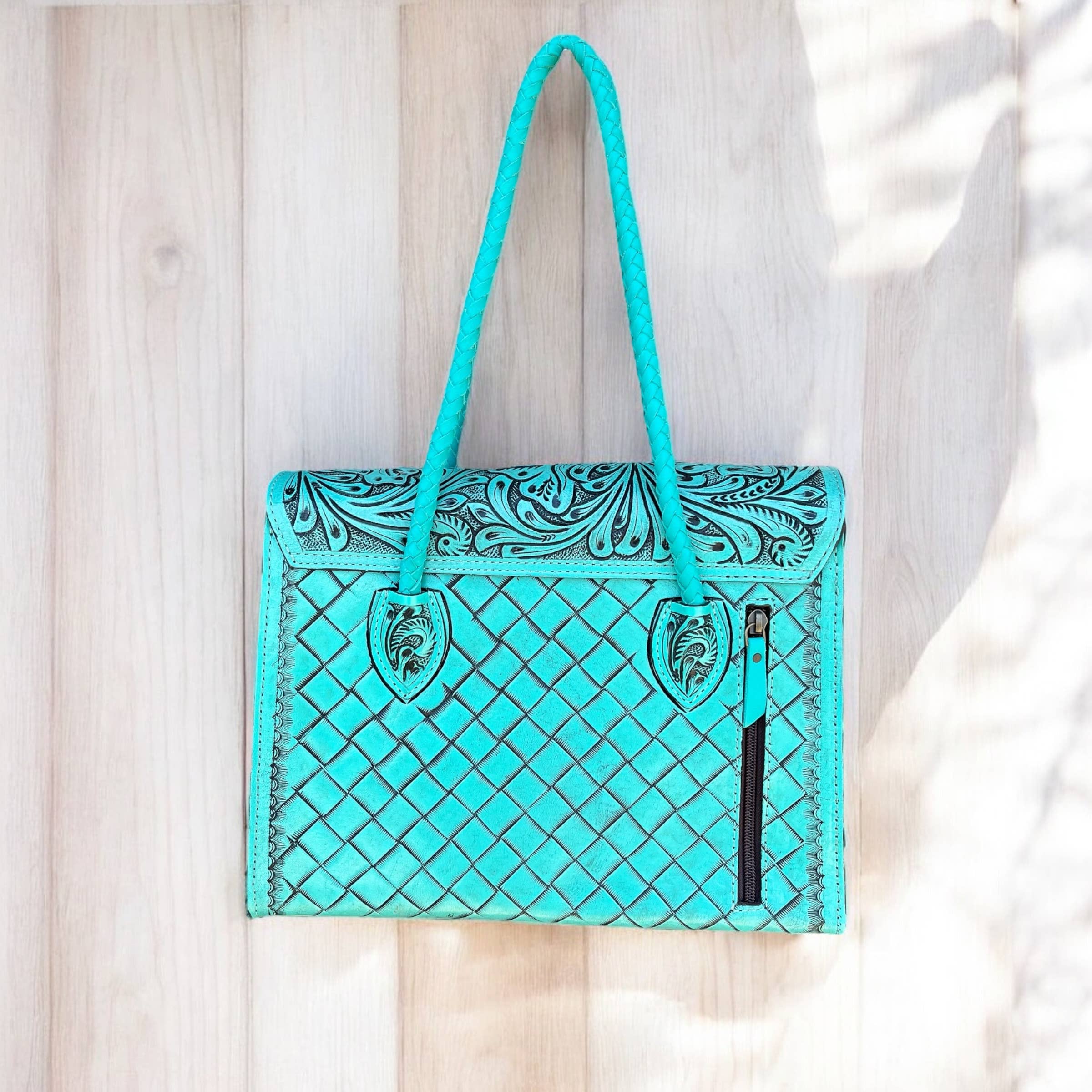 Turquoise tooled leather crossbody purse 
