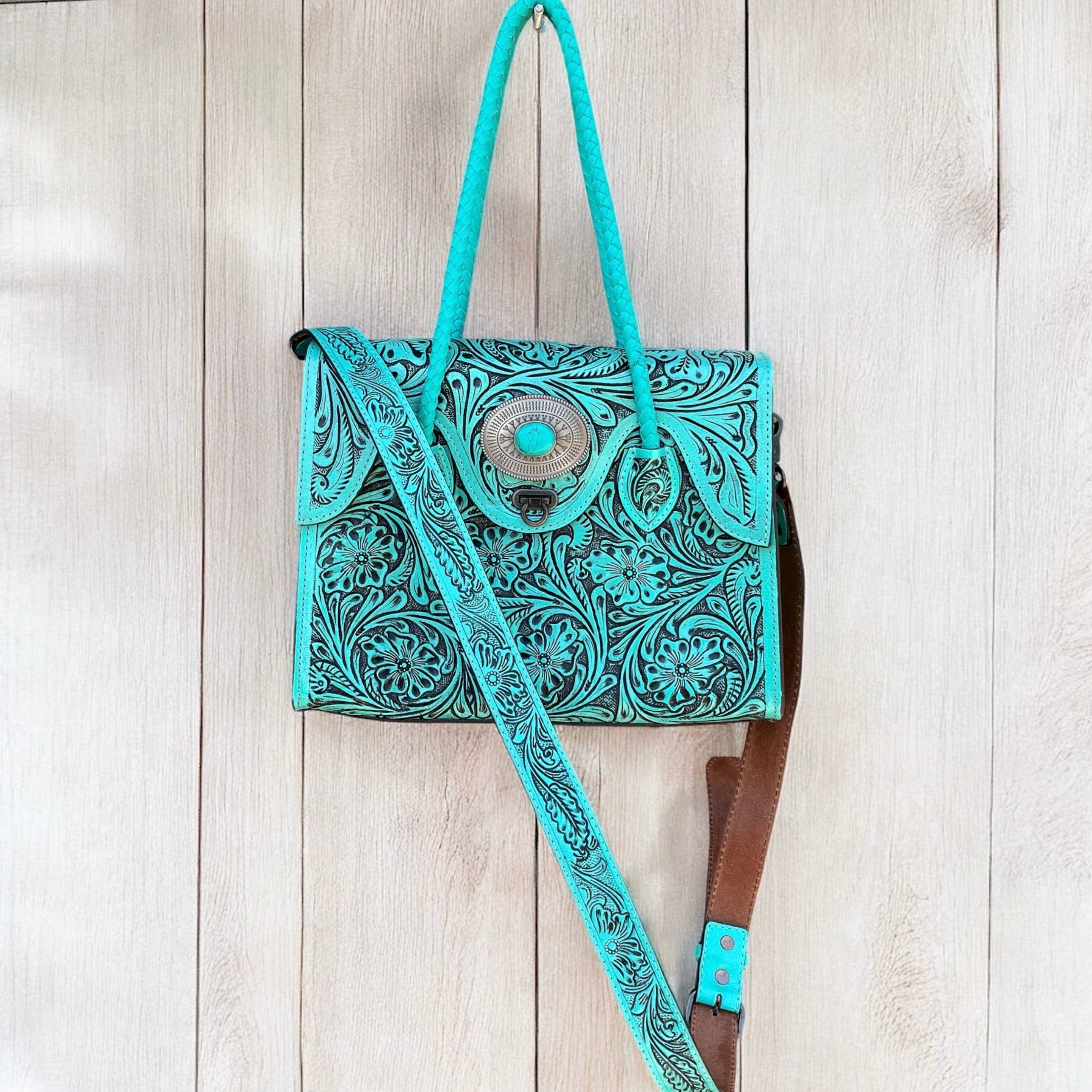 Turquoise tooled leather crossbody purse 