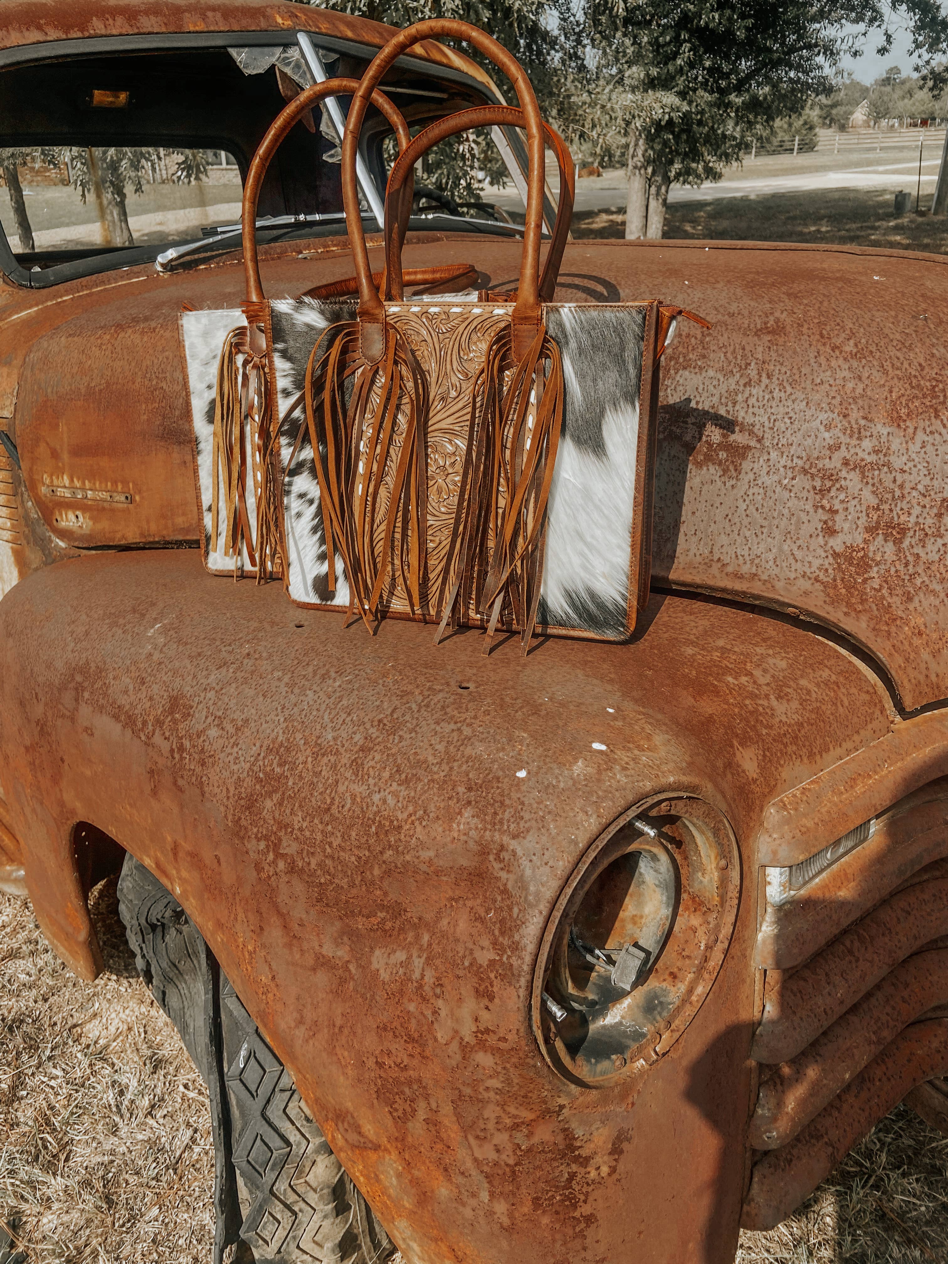 Jesse Cowhide and Tooled Leather Fringe Tote computer bag