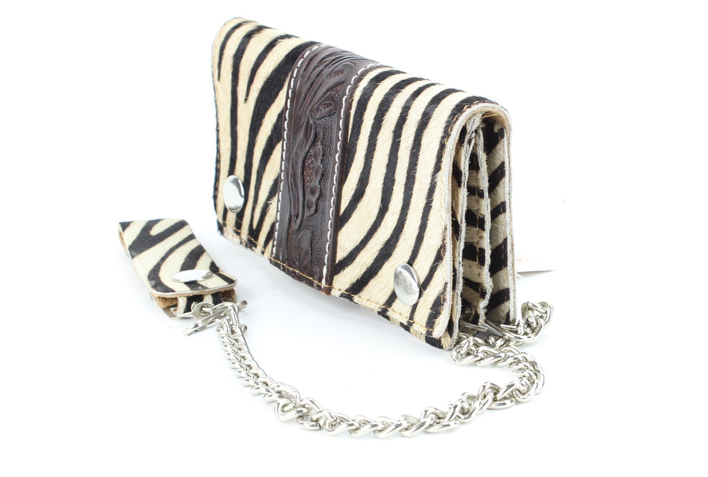 Zebra print hair on hide tooled leather chain wallet CW6HOHZ