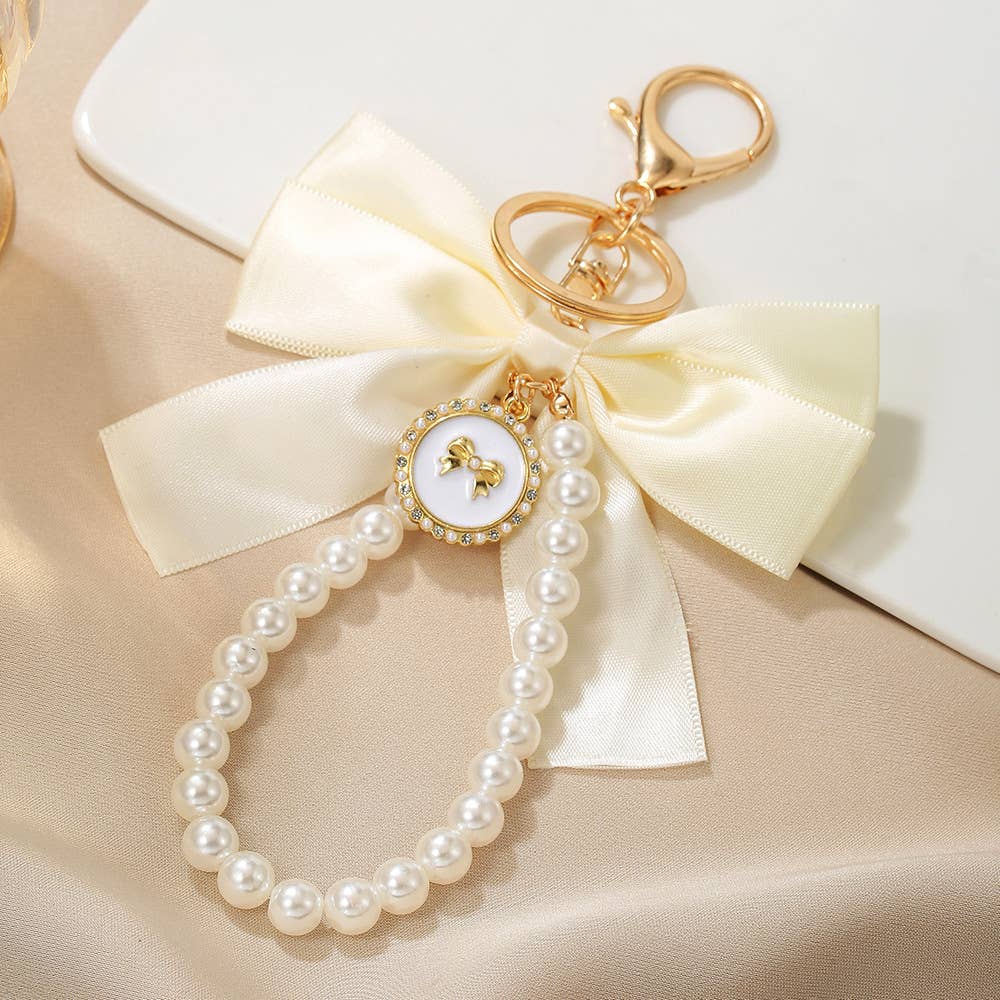 Elegant Satin Bow Pearl Keychain Bag Charm