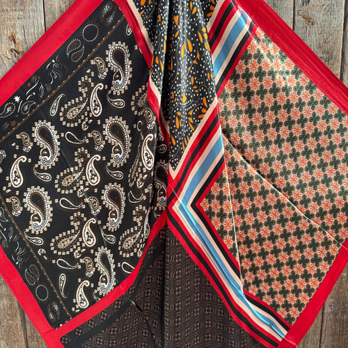 35X35" Red and Black Multi Patterned Wild Rag / Scarf WR3460