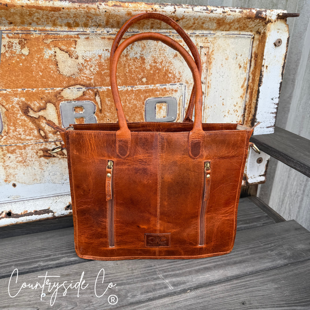 Virginia Cowhide Checkered Tote Handbag, Rust Tone Leather