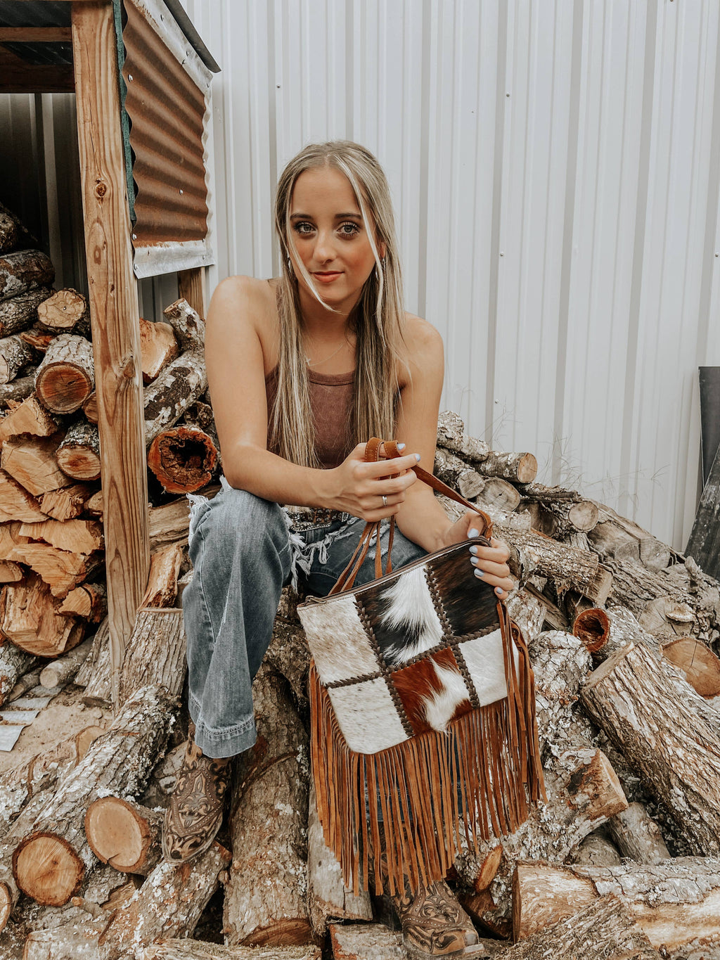 Patchwork Cowhide Fringe Western Purse