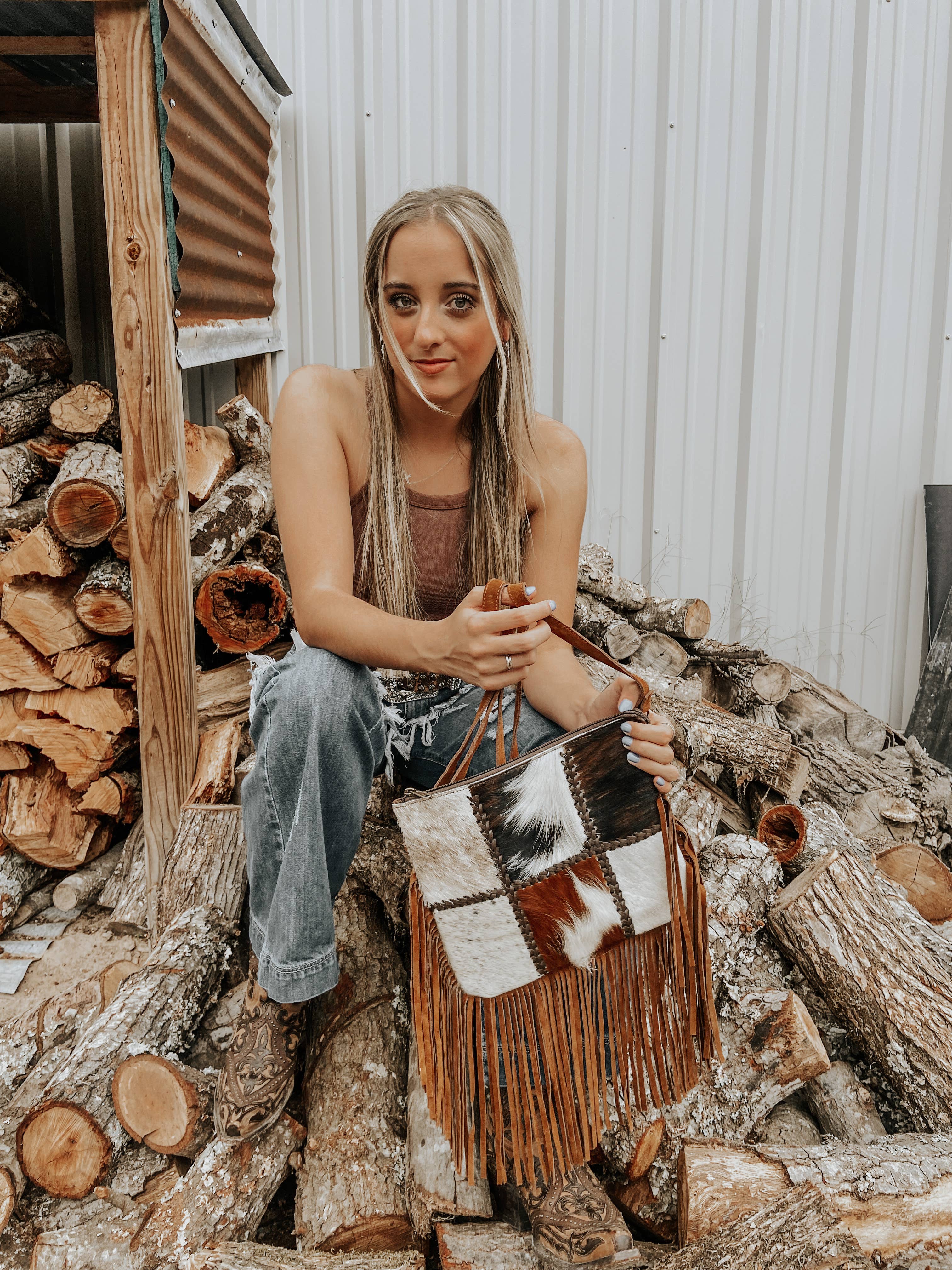 Patchwork Cowhide Fringe Western Purse