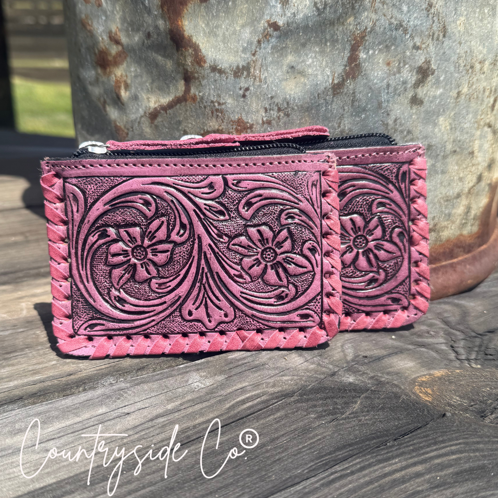 Pink Tooled Leather Pouch, Bag Organizer