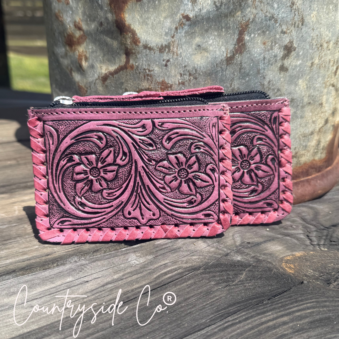 Pink Tooled Leather Pouch, Bag Organizer