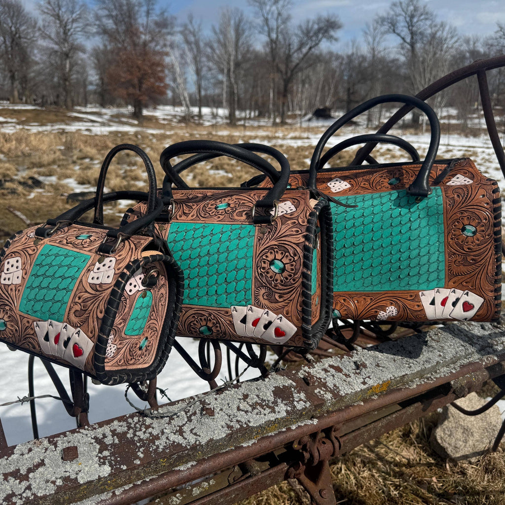 Aces and Turquoise Genuine Western Cowhide Leather barrel bag purse or wallet by Double B Wild Rags