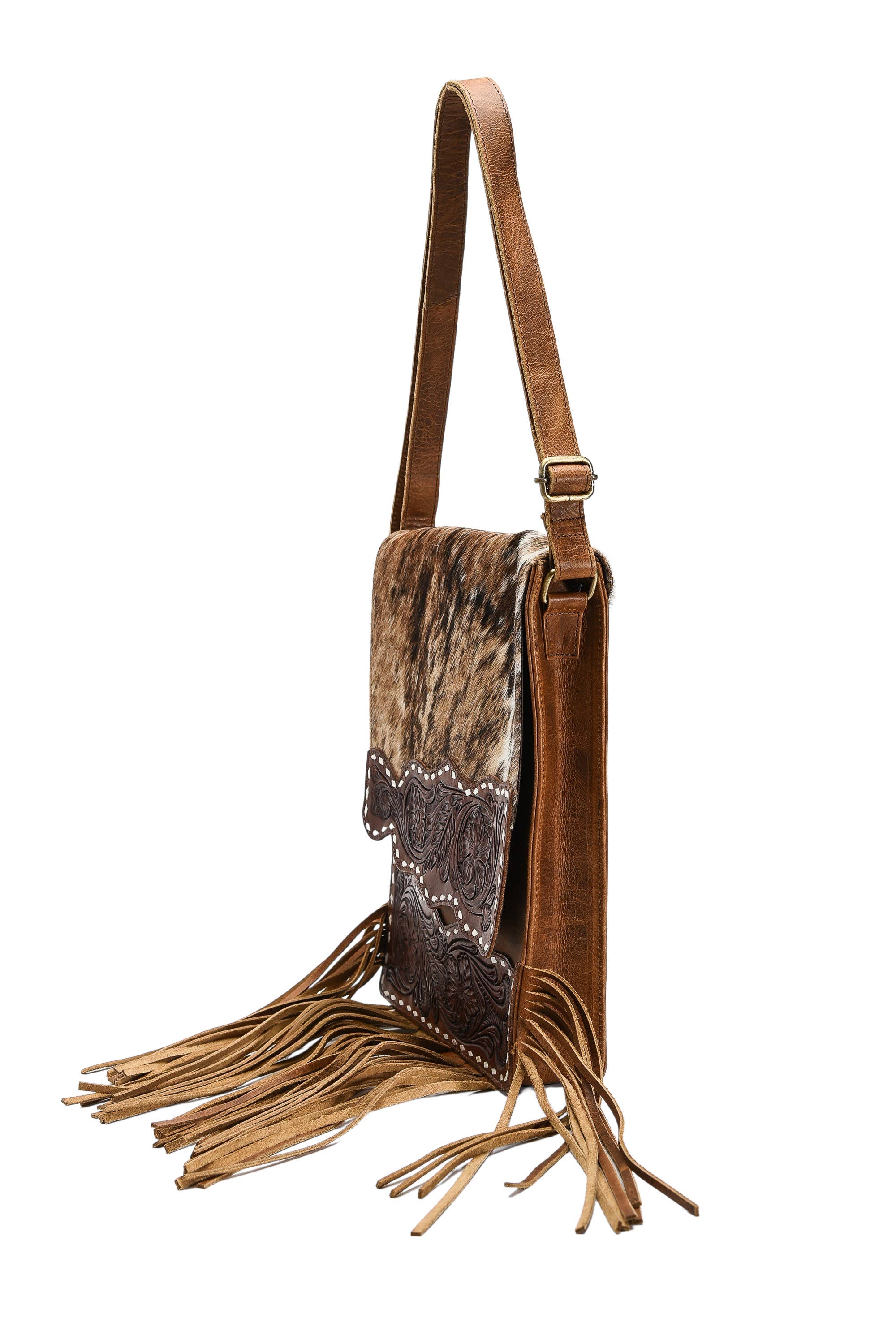 Hair on hide messenger w/ tooled leather and fringe #AB1775