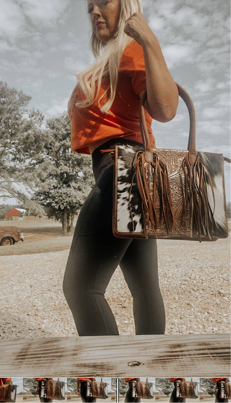 Jesse Cowhide and Tooled Leather Fringe Tote computer bag