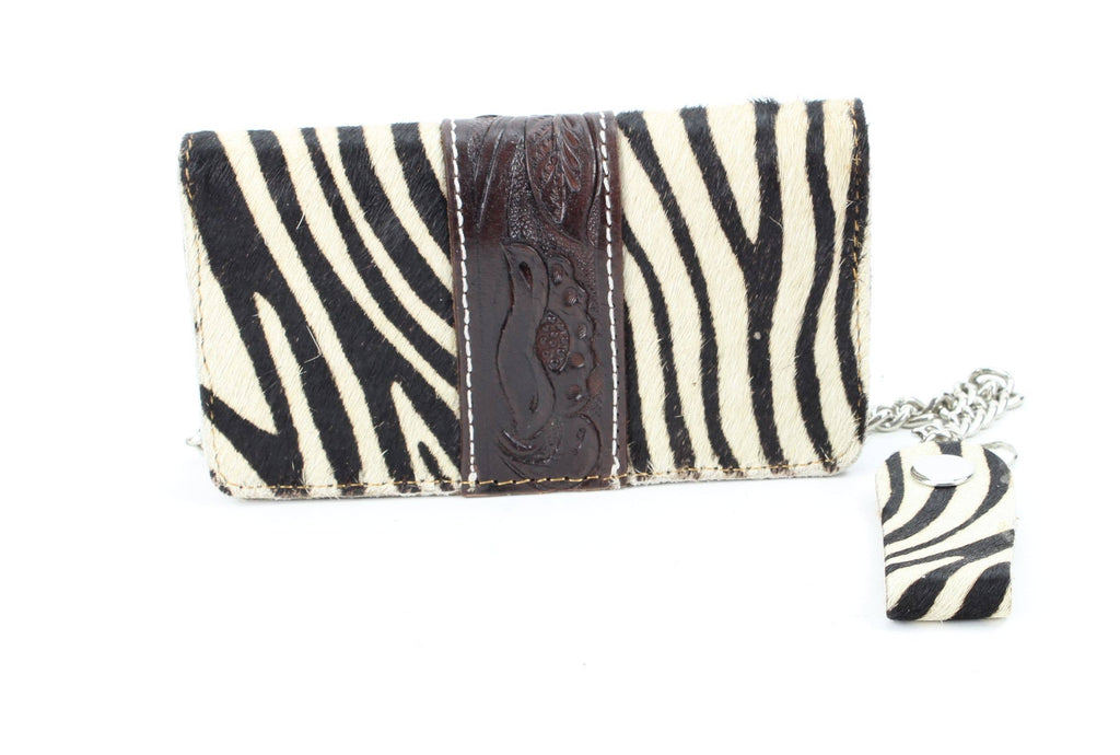 Zebra print hair on hide tooled leather chain wallet CW6HOHZ