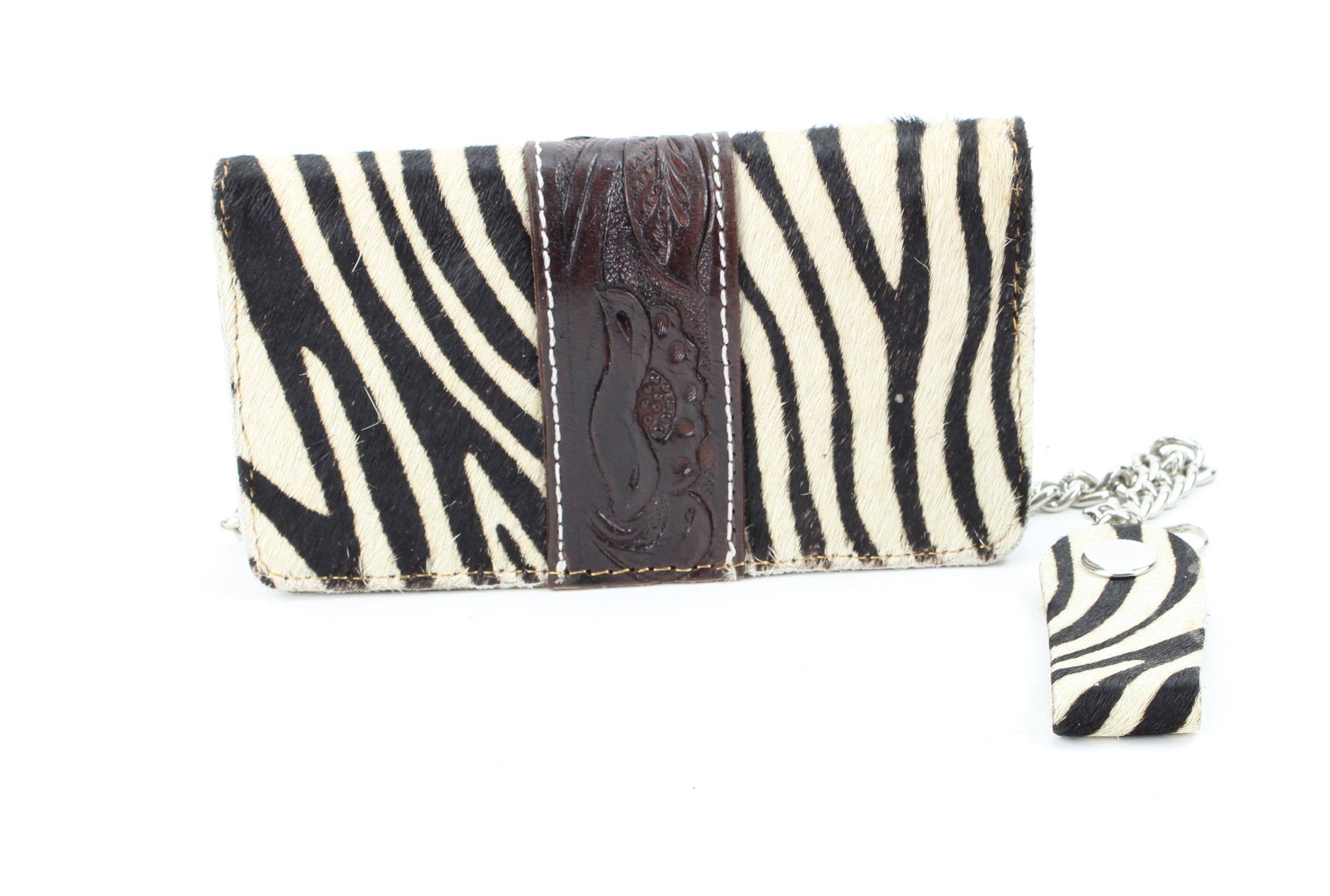 Zebra print hair on hide tooled leather chain wallet CW6HOHZ
