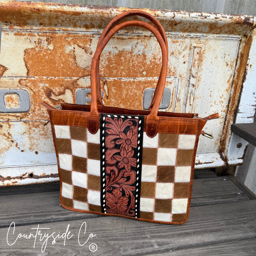 Virginia Cowhide Checkered Tote Handbag, Rust Tone Leather