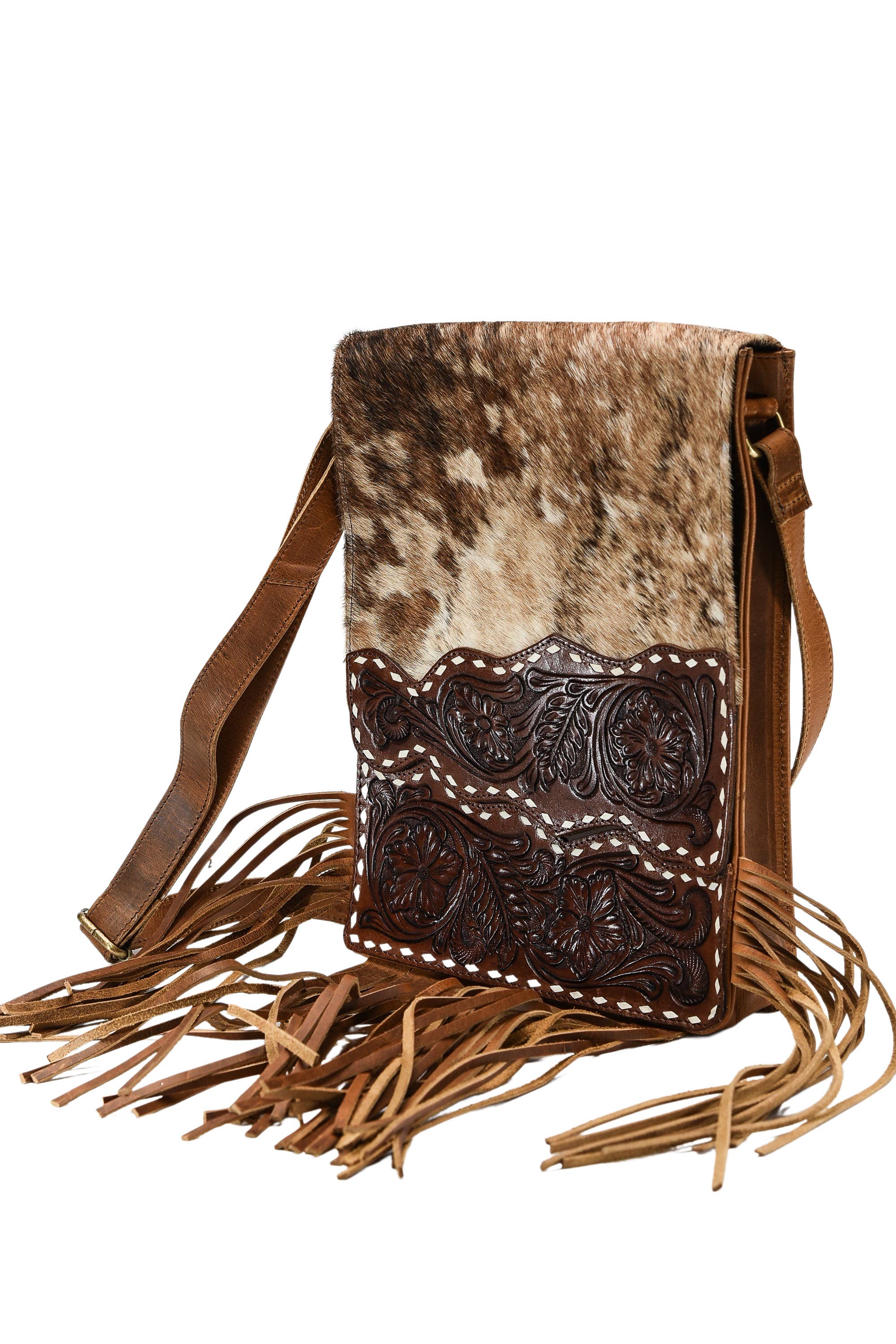 Hair on hide messenger w/ tooled leather and fringe #AB1775
