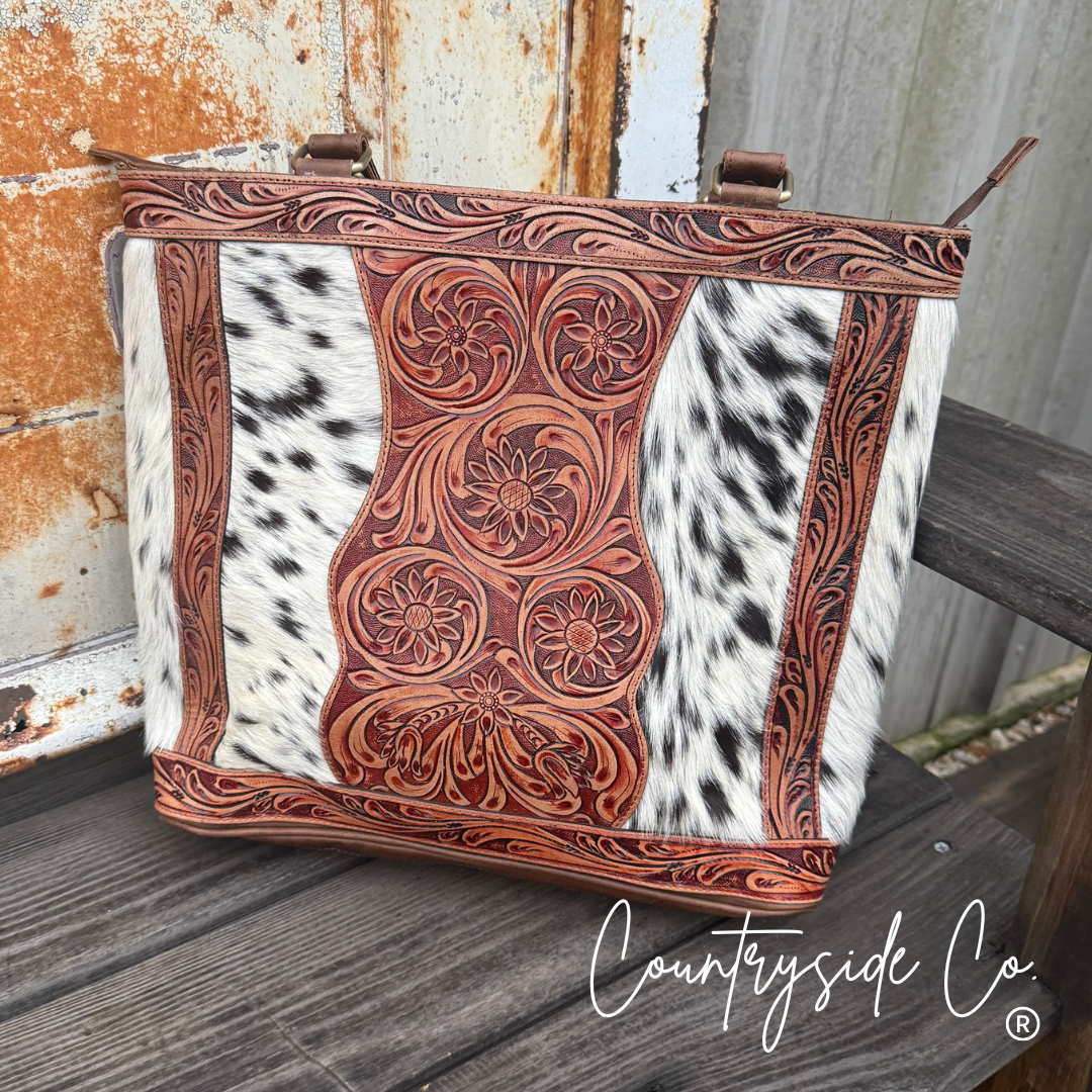 Lucille Tooled Leather Cowhide Tote, Purse