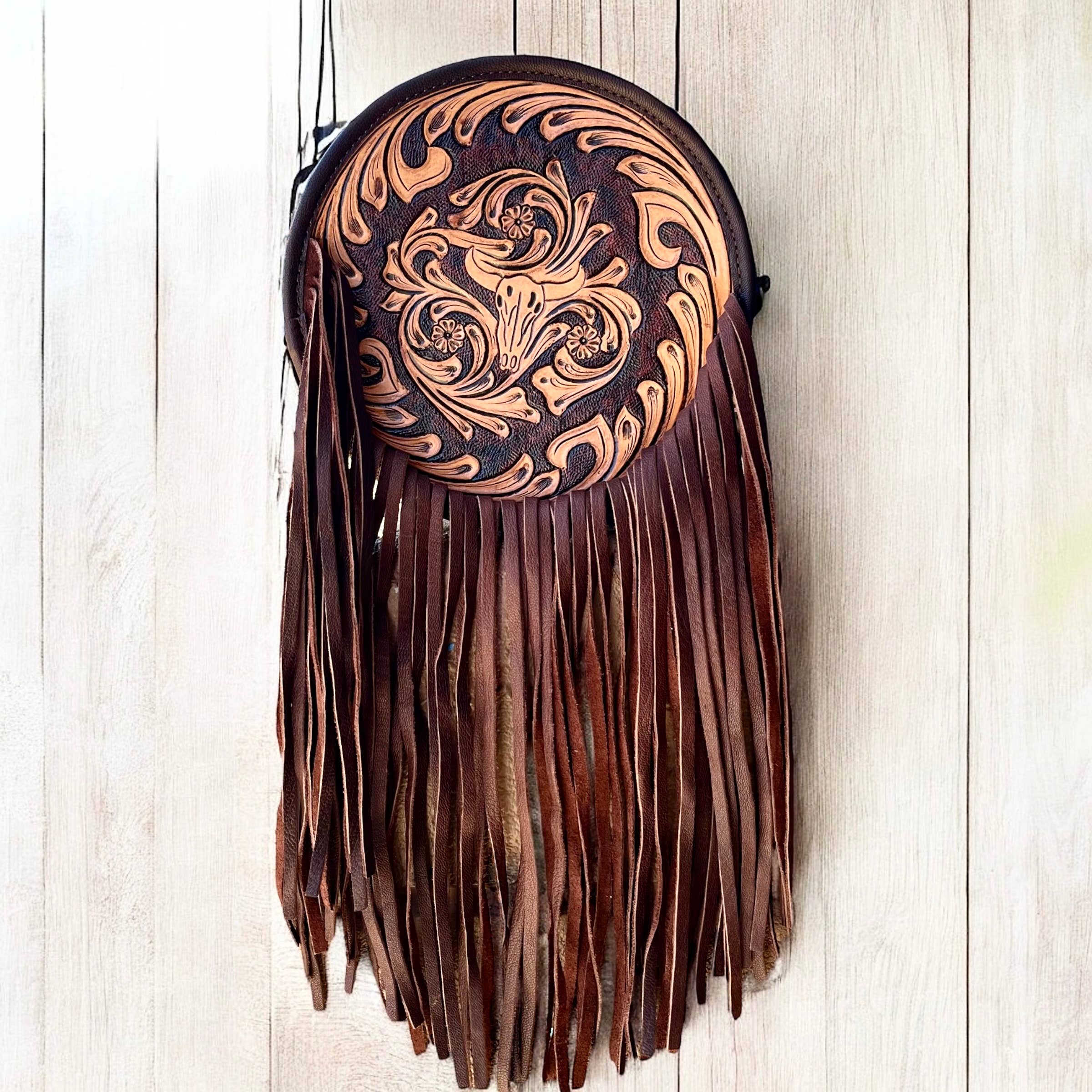 Tooled leather canteen fringe bag 