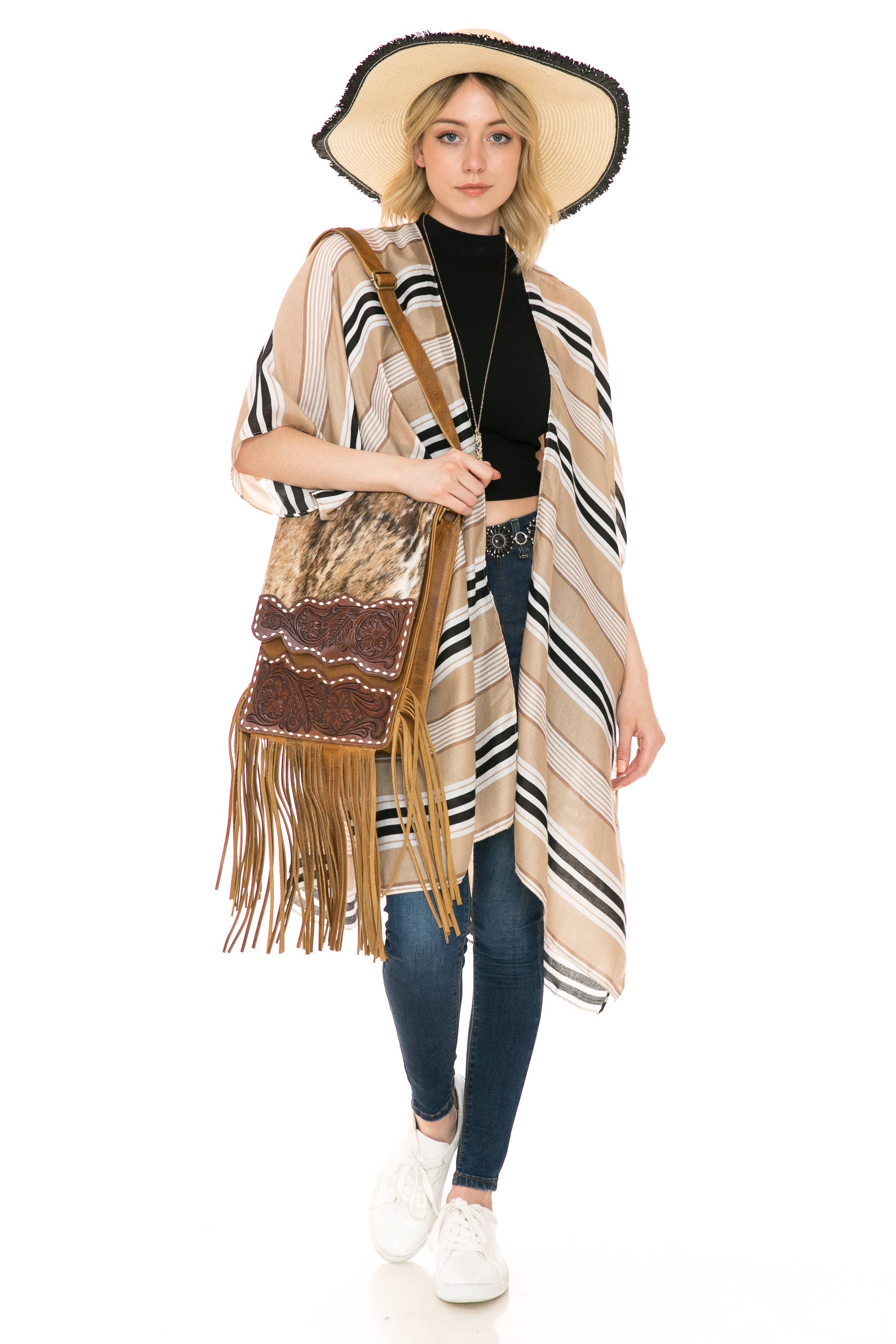 Hair on hide messenger w/ tooled leather and fringe #AB1775