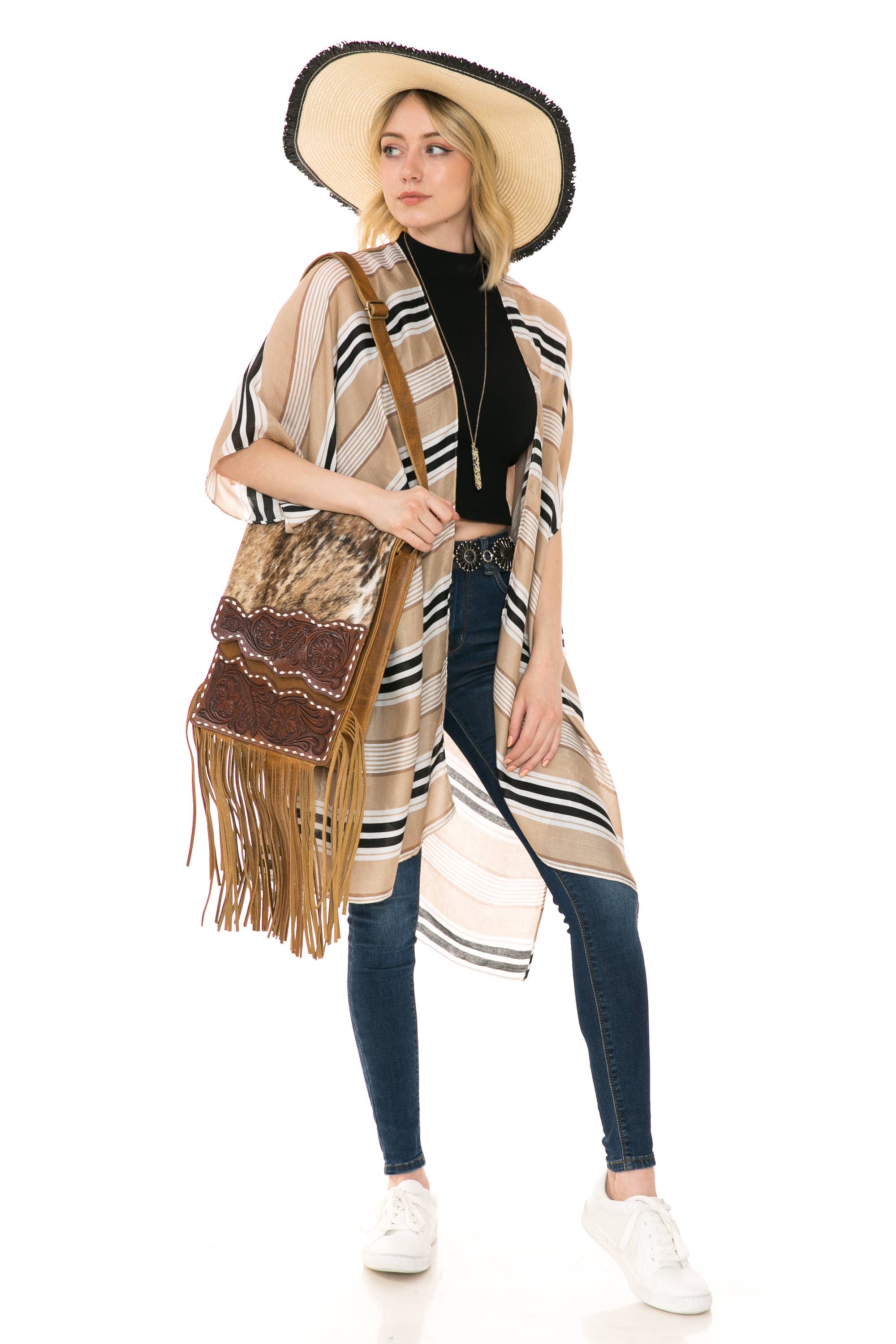 Hair on hide messenger w/ tooled leather and fringe #AB1775