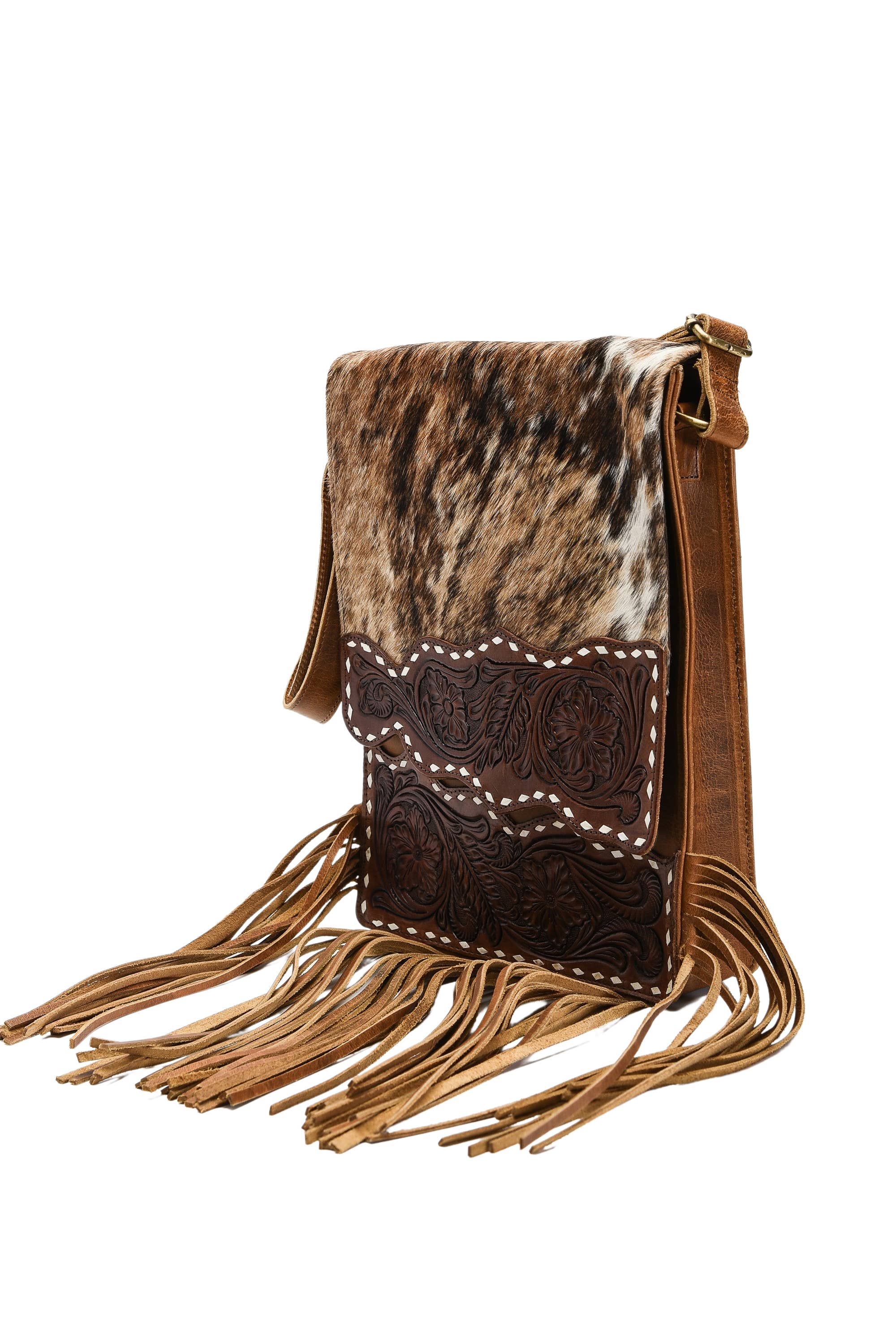Hair on hide messenger w/ tooled leather and fringe #AB1775