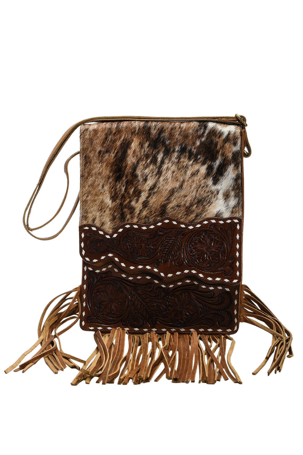Hair on hide messenger w/ tooled leather and fringe #AB1775