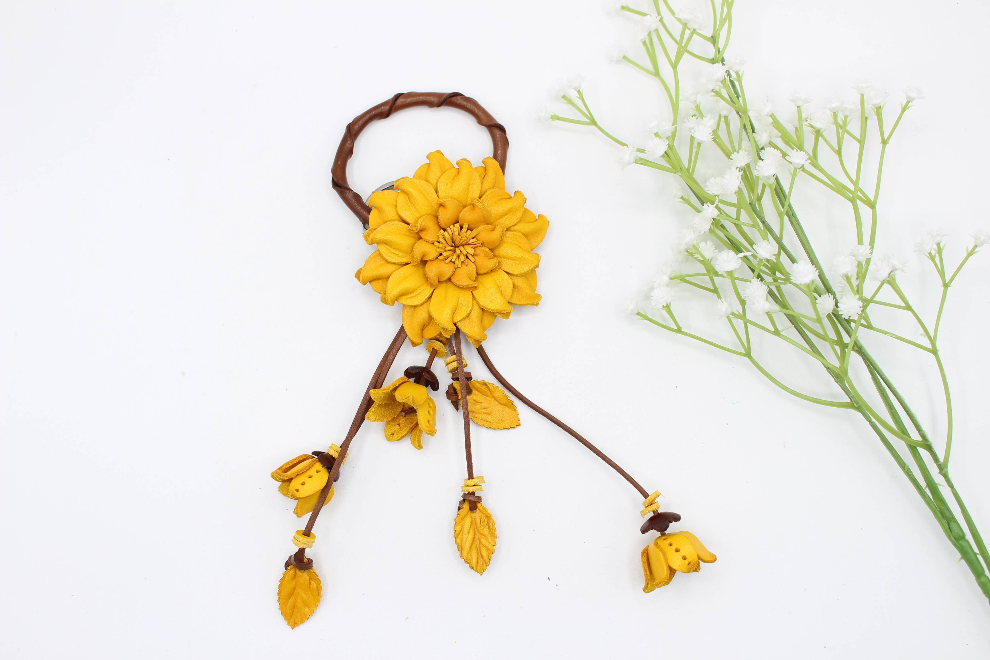 Leather flower key chain bag charm purse charm