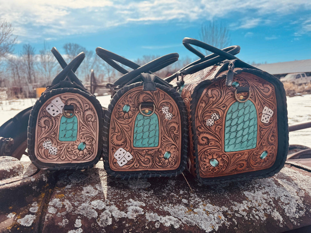 Aces and Turquoise Genuine Western Cowhide Leather barrel bag purse or wallet by Double B Wild Rags