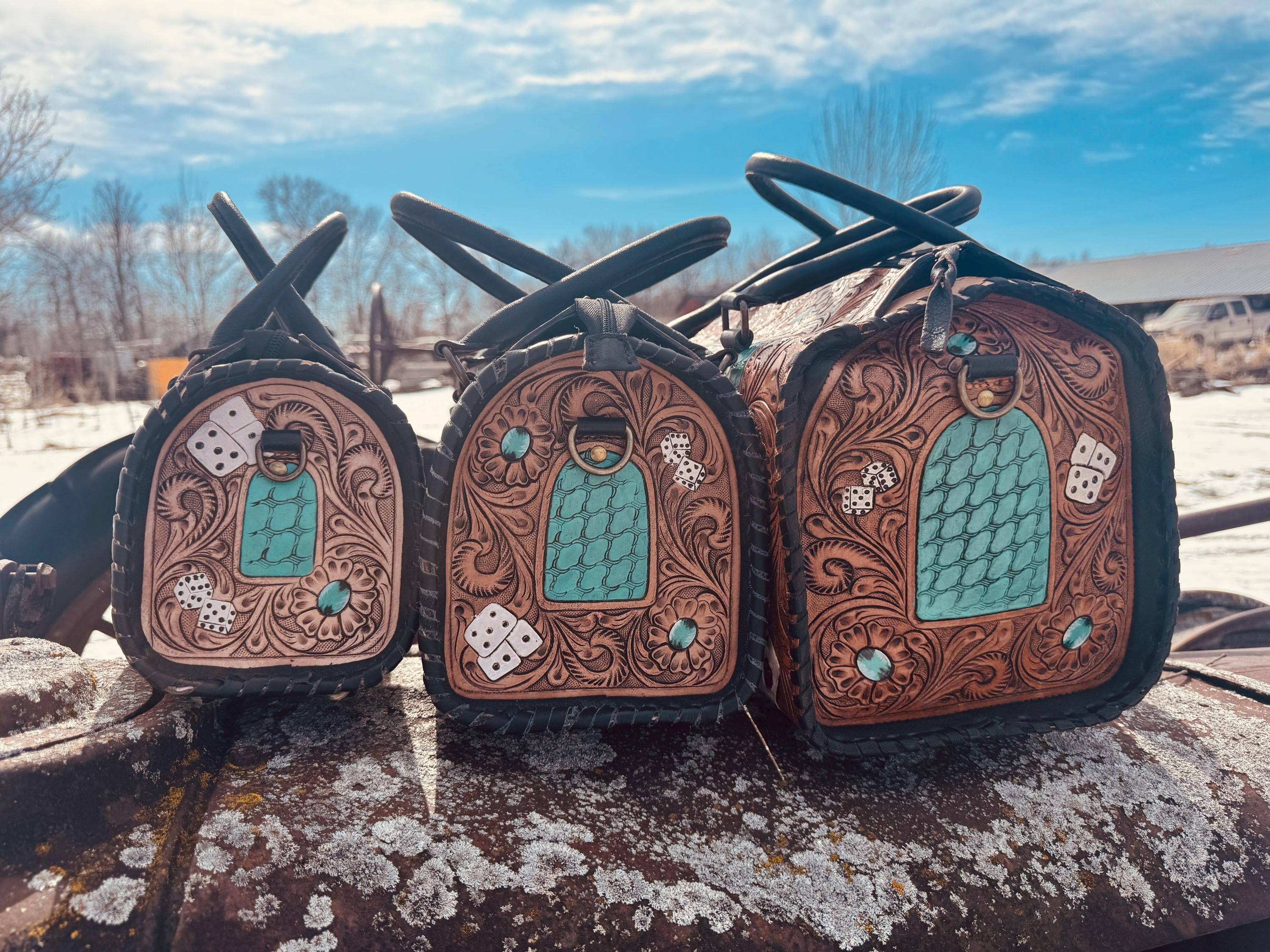 Aces and Turquoise Genuine Western Cowhide Leather barrel bag purse or wallet by Double B Wild Rags