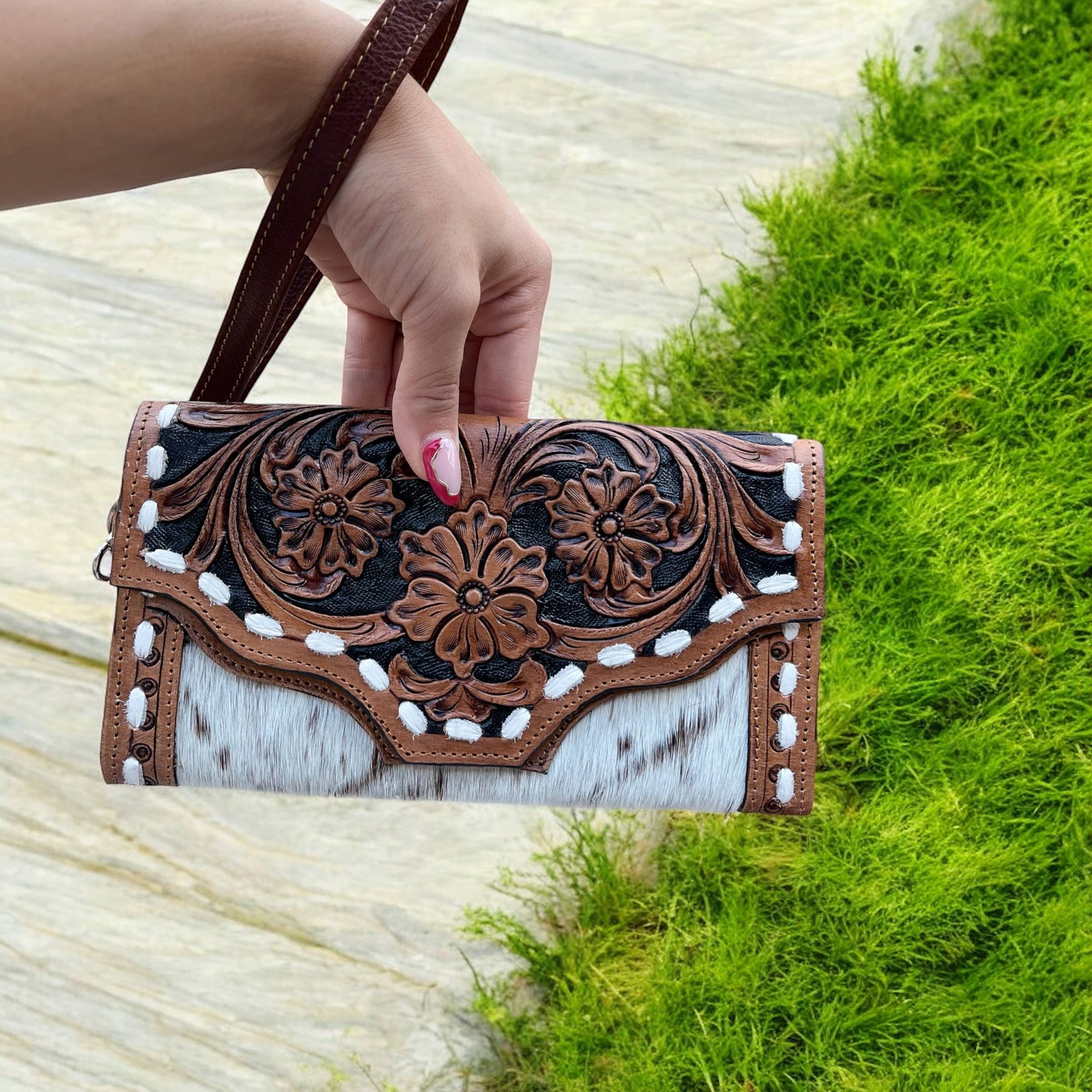 Mia tooled leather & cowhide wallet 