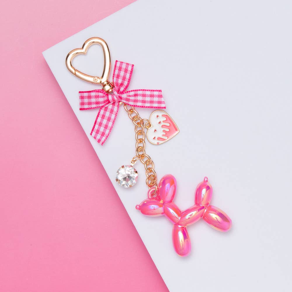 Pink Balloon Dog Charm Keychain with Crystal