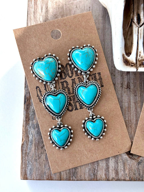 3 Tier Western Style Turquoise Stone Heart Drop Earrings