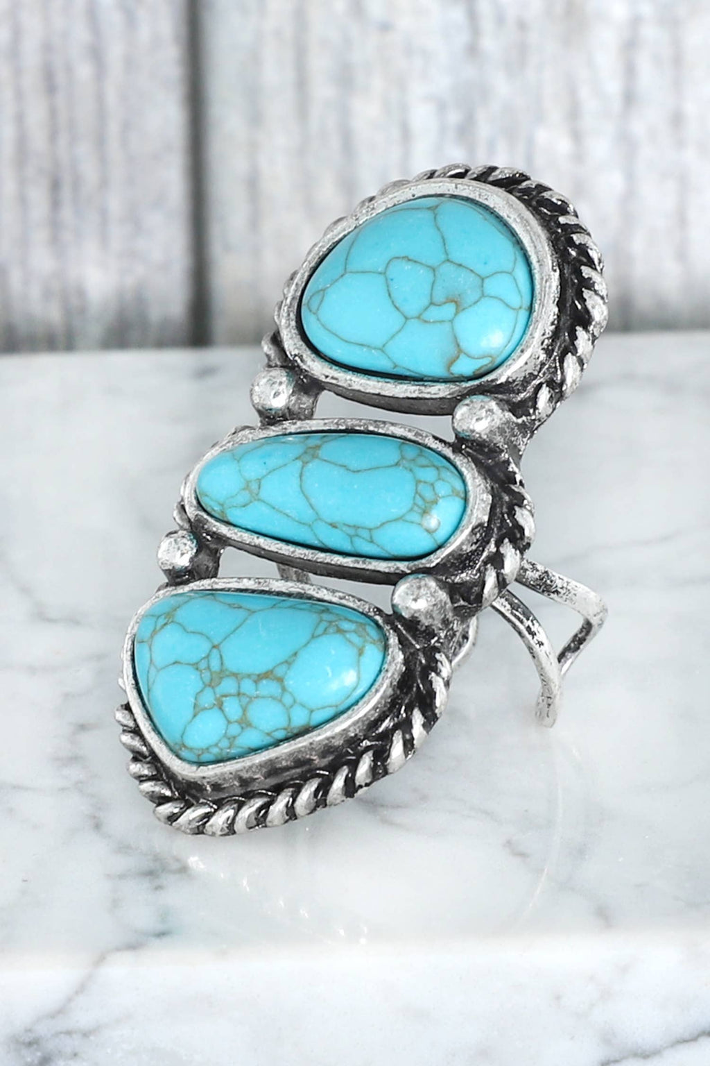 Western 3 Turquoise Semi Stone Knuckle Cuff Ring