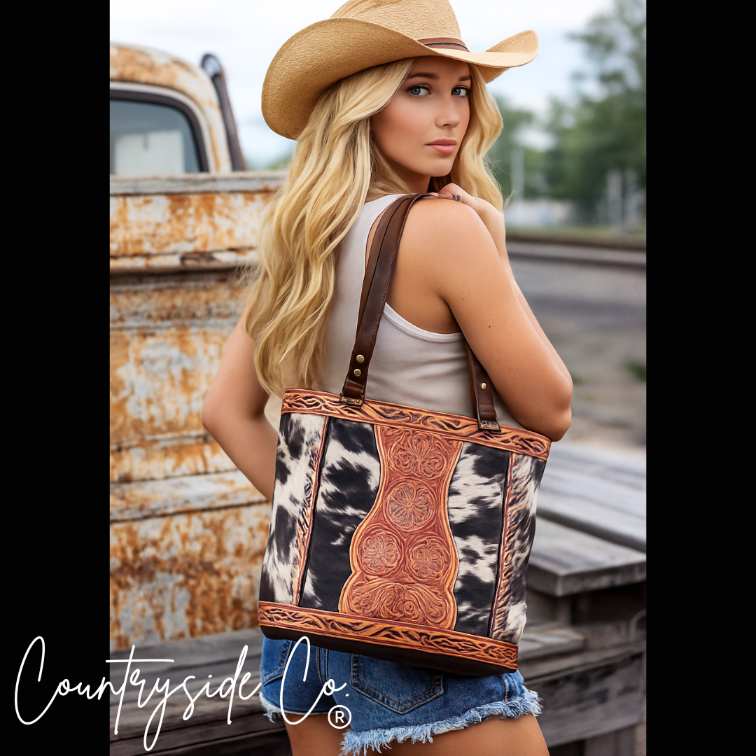 Lucille Tooled Leather Cowhide Tote, Purse